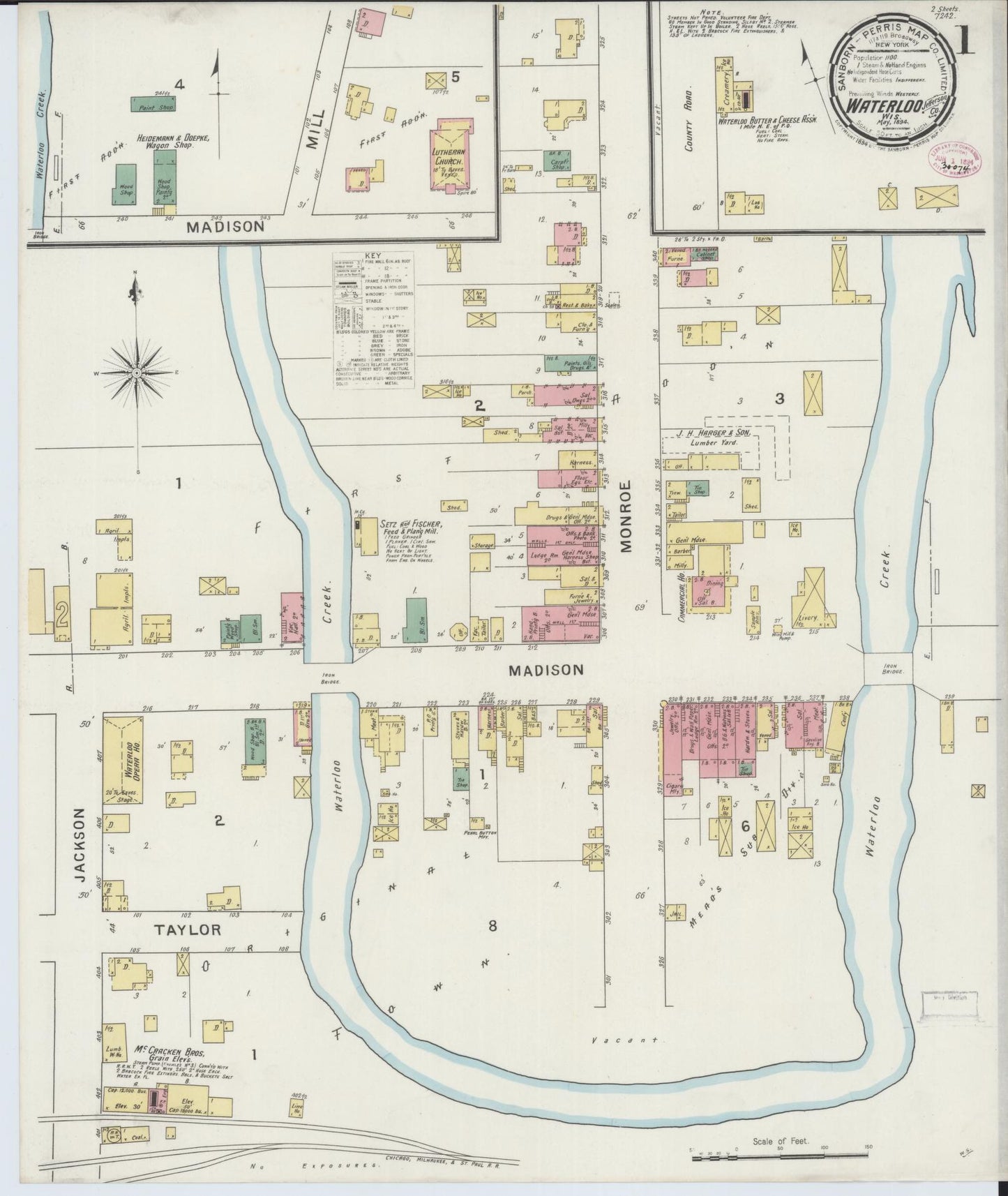 Sanborn Fire Insurance Map from Waterloo, Jefferson County, Wisconsin (1894), Sheet #0001 - Historic Sanborn Fire Insurance Map Print, vintage old map wall art, antique decor, genealogy gift, Wisconsin Wisconsin map