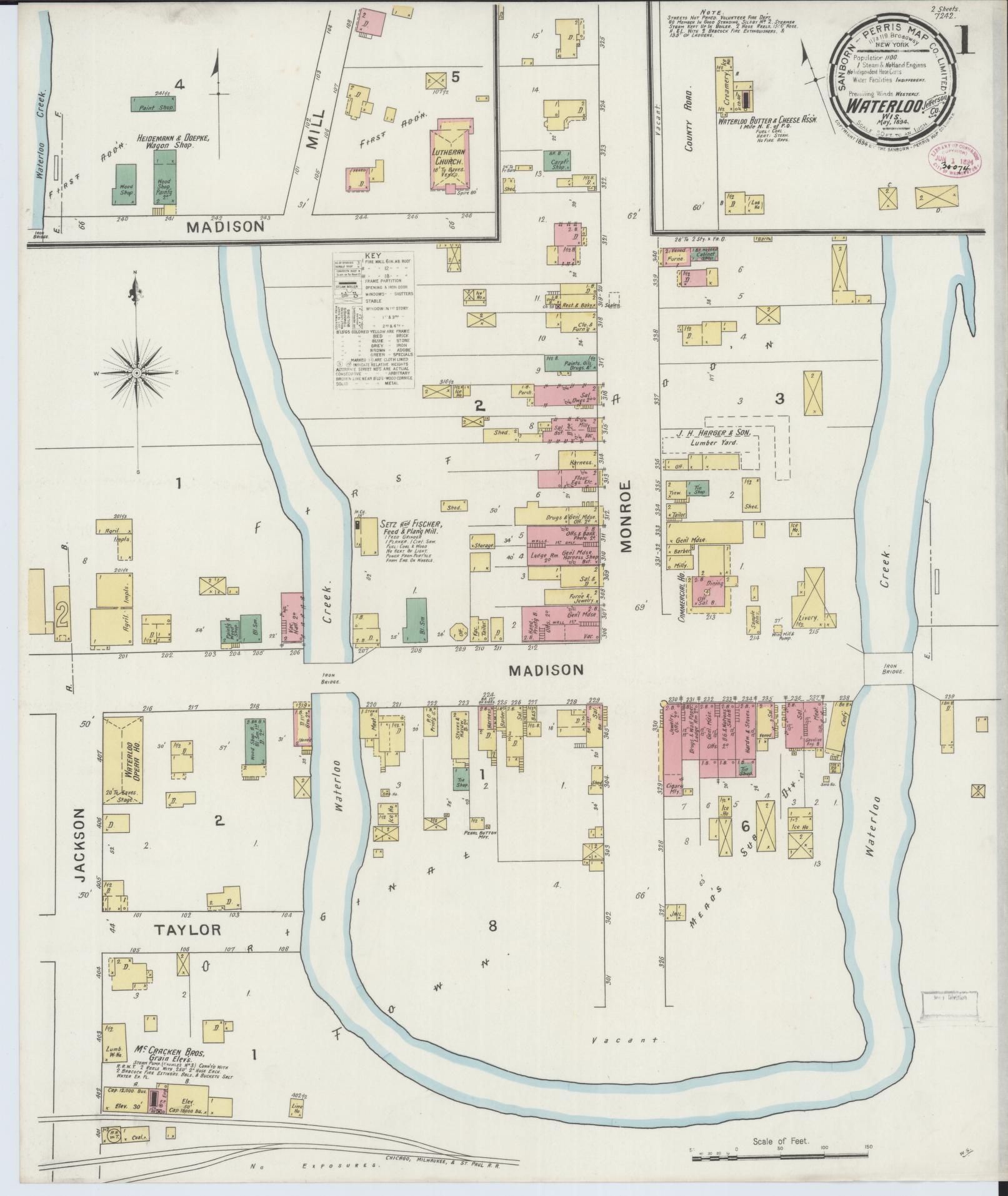 Sanborn Fire Insurance Map from Waterloo, Jefferson County, Wisconsin (1894), Sheet #0001 - Historic Sanborn Fire Insurance Map Print, vintage old map wall art, antique decor, genealogy gift, Wisconsin Wisconsin map