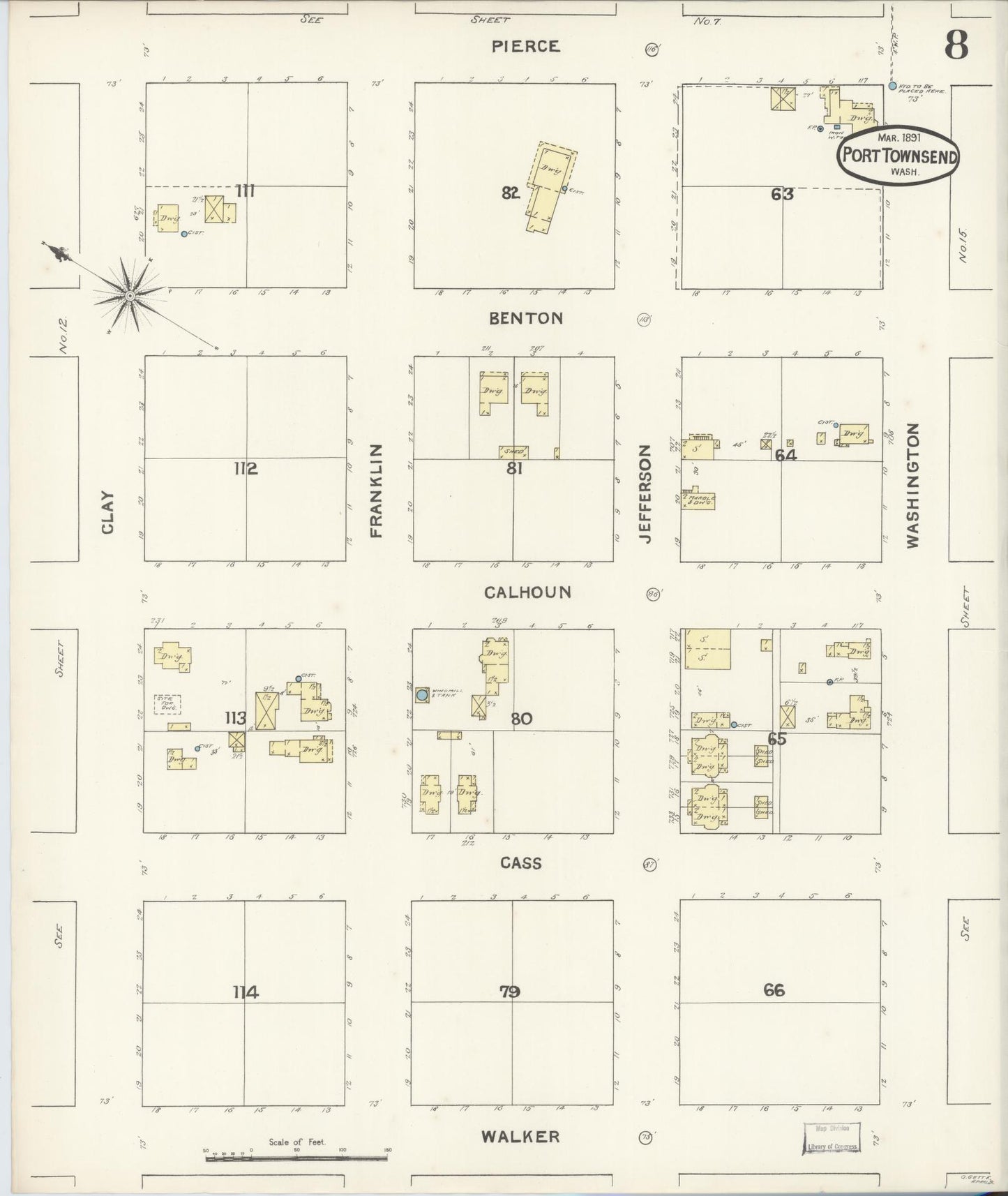 Sanborn Fire Insurance Map from Port Townsend, Jefferson County, Washington (1891), Sheet #0008 - Complete Map Set gallery image, historic Sanborn map, vintage wall art, Washington Washington