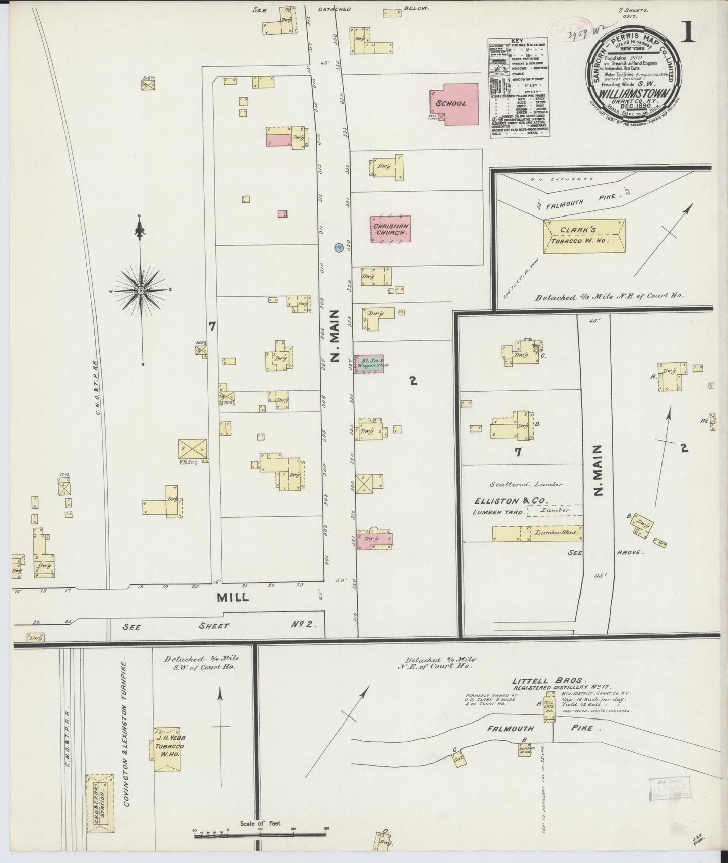 Sanborn Fire Insurance Map from Williamstown, Grant County, Kentucky (1890), Sheet #0001 - Historic Sanborn Fire Insurance Map Print, vintage old map wall art, antique decor, genealogy gift, Kentucky Kentucky map