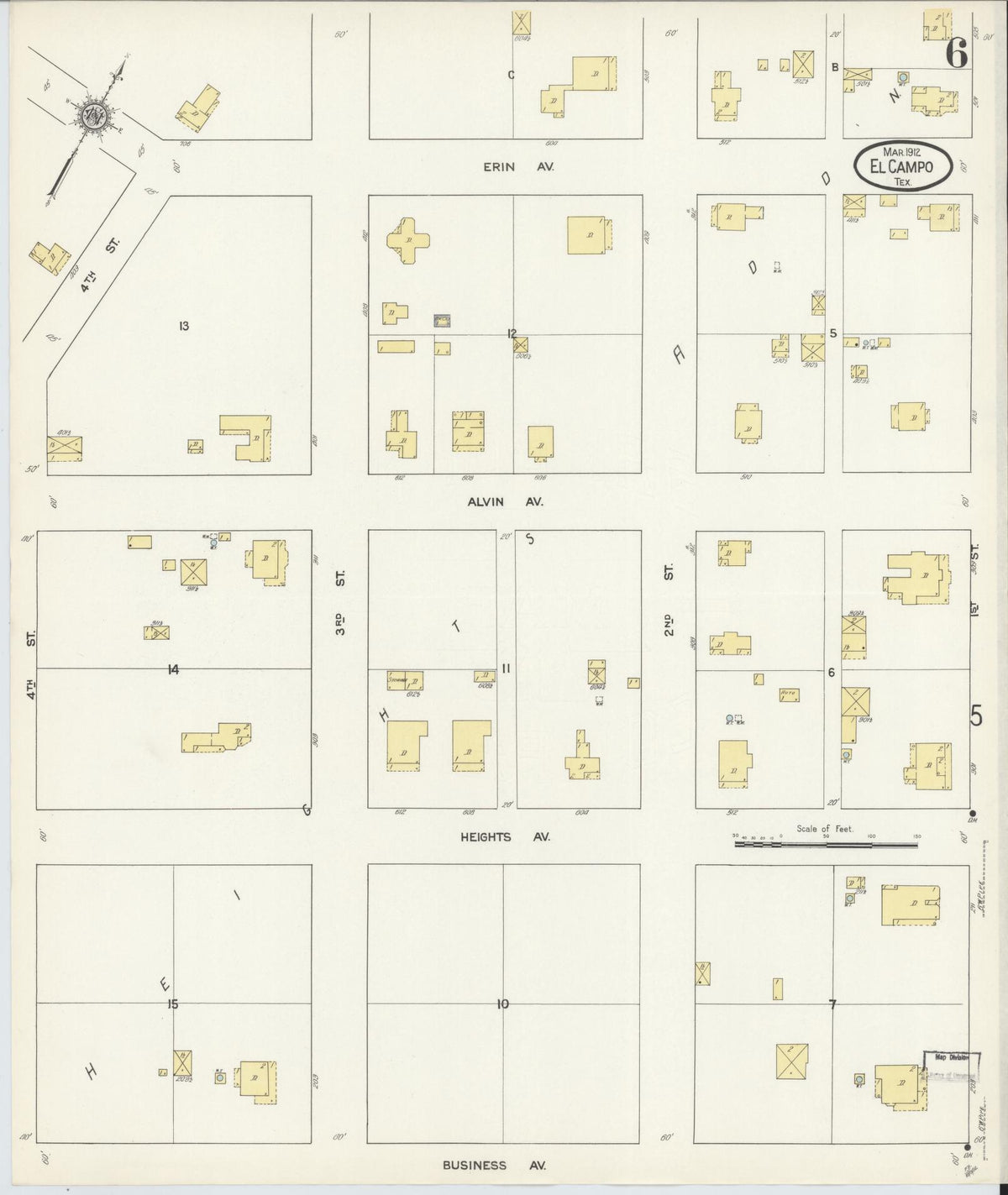 Sanborn Fire Insurance Map from El Campo, Wharton County, Texas (1912), Sheet #0006 - Complete Map Set gallery image, historic Sanborn map, vintage wall art, Texas Texas