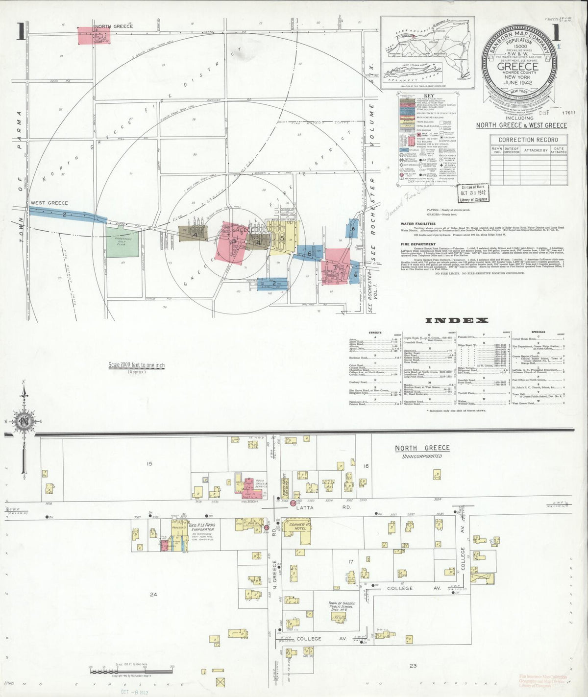 Sanborn Fire Insurance Map from Greece, Monroe County, New York (1942), Sheet #0001 - Historic Sanborn Fire Insurance Map Print, vintage old map wall art, antique decor, genealogy gift, New York New York map