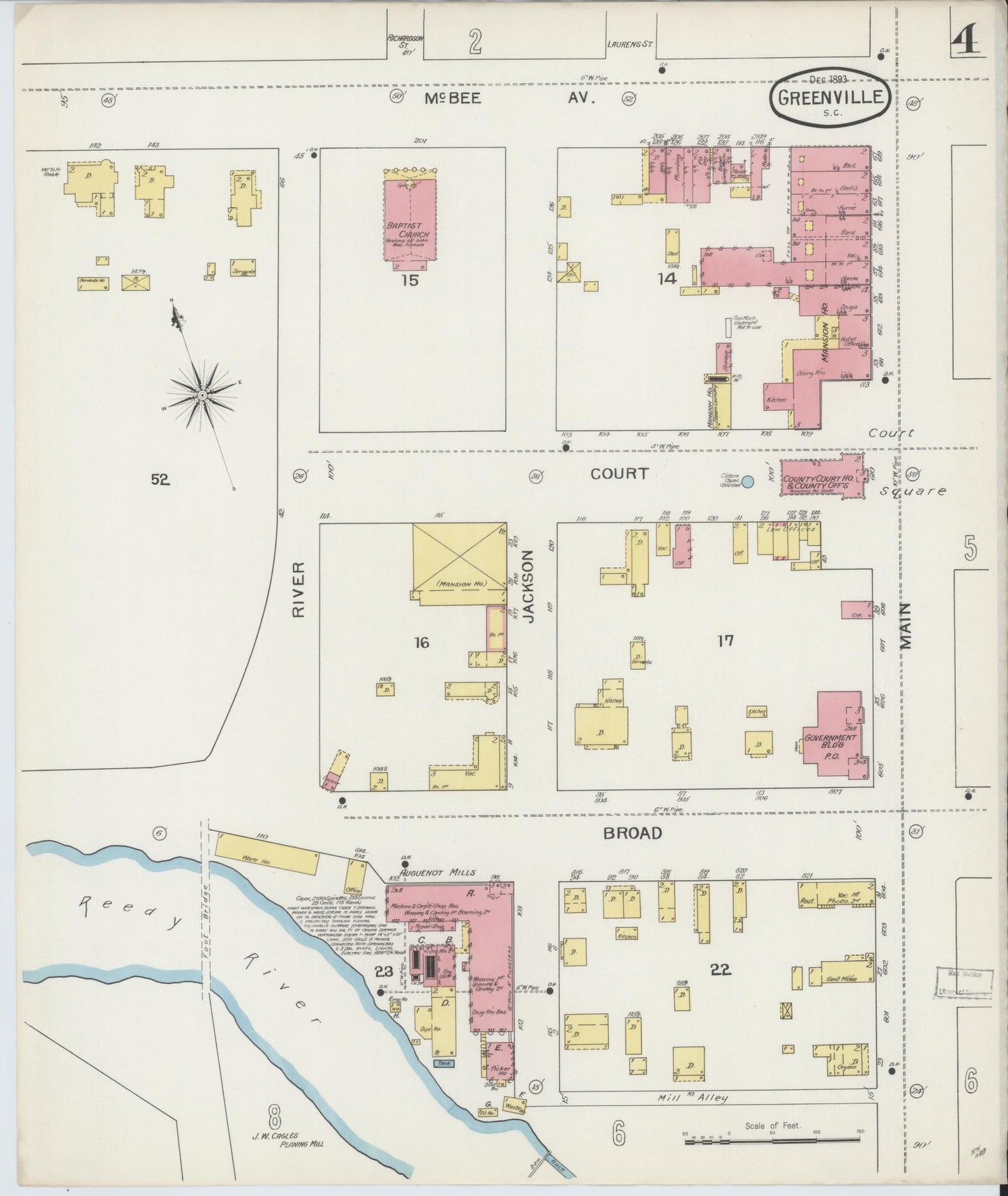 Sanborn Fire Insurance Map from Greenville, Greenville County, South Carolina (1893), Sheet #0004 - Historic Sanborn Fire Insurance Map Print, vintage old map wall art, antique decor, genealogy gift, South Carolina South Carolina map