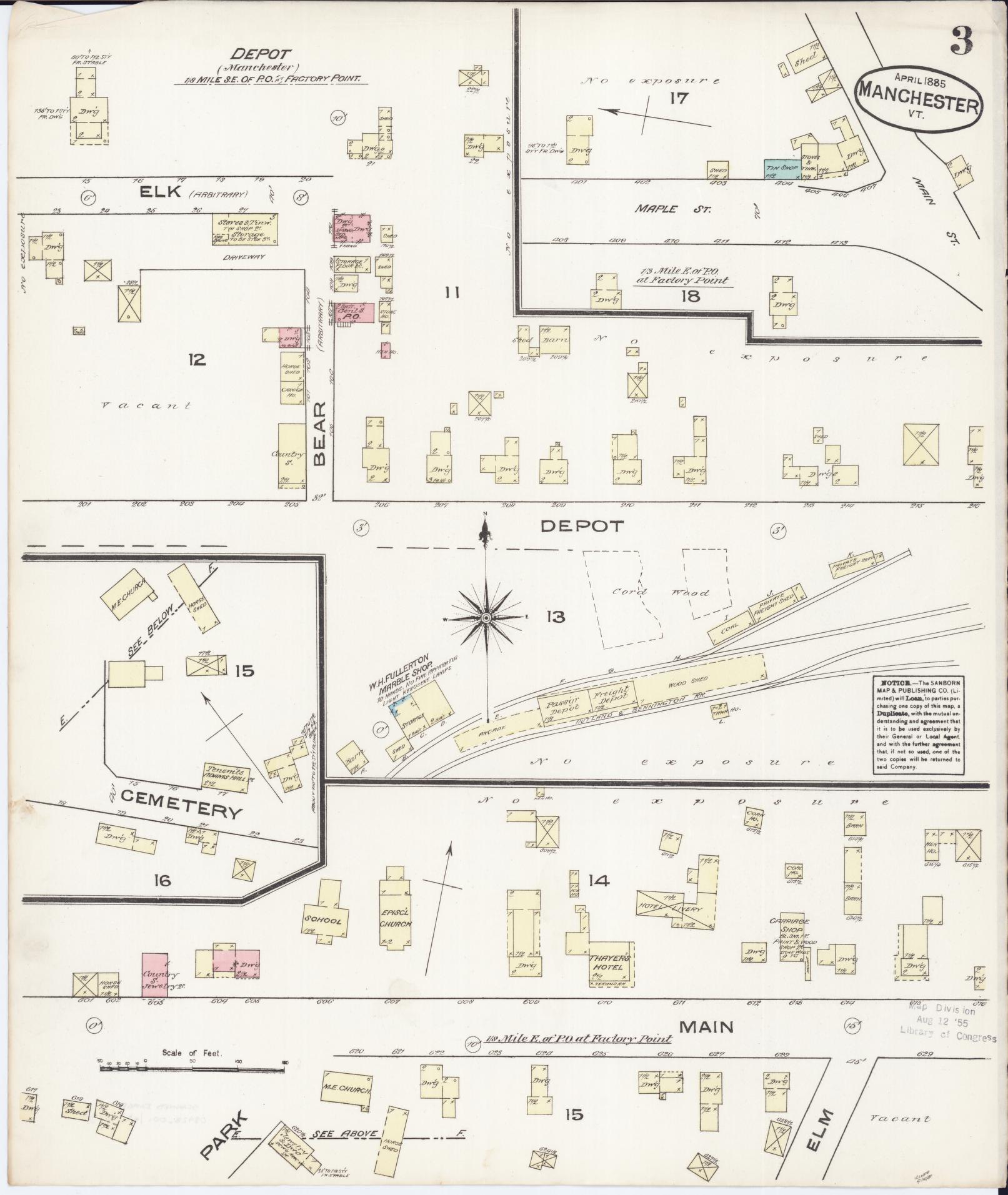 Sanborn Fire Insurance Map from Manchester, Bennington County, Vermont. (1885), Sheet 3 – Historic Sanborn Fire Insurance Map Print