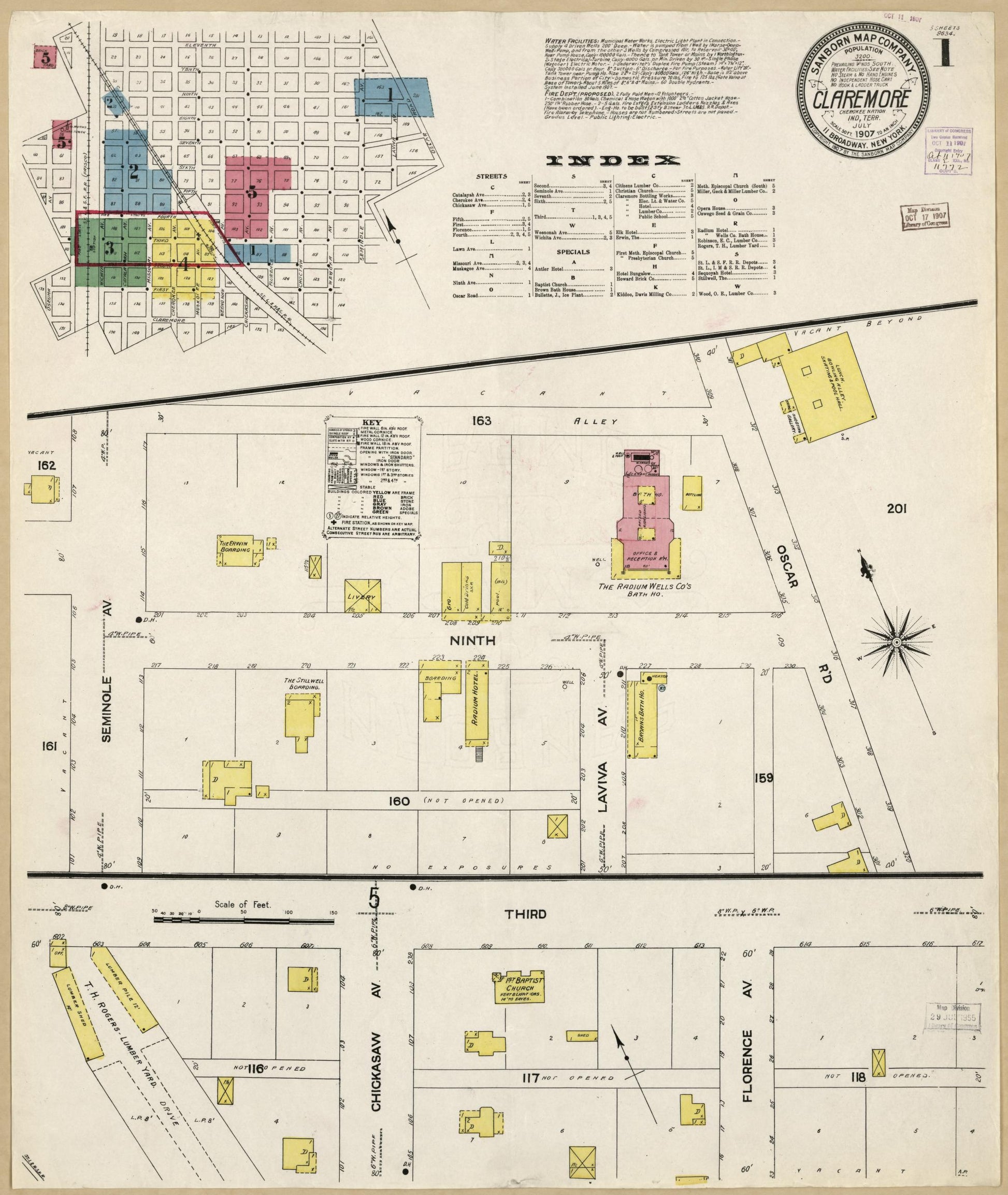Sanborn Fire Insurance Map from Claremore, Rogers County, Oklahoma (1907), Sheet #0001 - Historic Sanborn Fire Insurance Map Print, vintage old map wall art, antique decor, genealogy gift, Oklahoma Oklahoma map