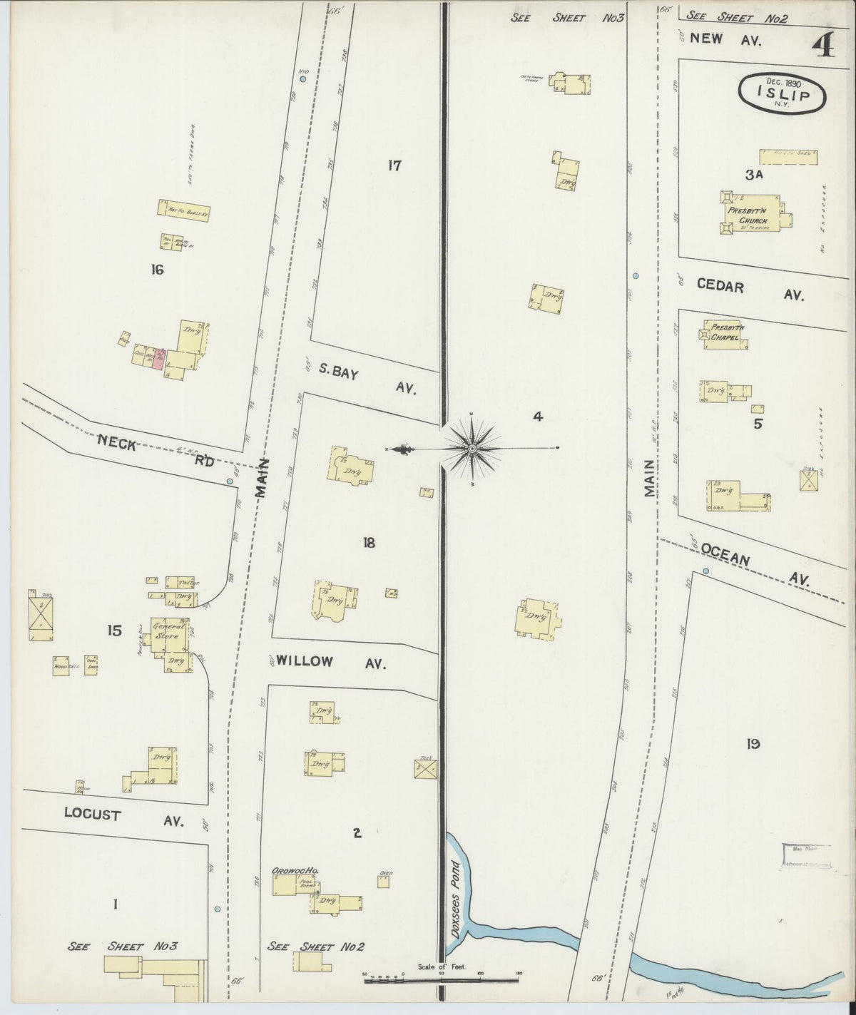 Sanborn Fire Insurance Map from Islip, Suffolk County, New York (1890), Sheet #0004 - Historic Sanborn Fire Insurance Map Print, vintage old map wall art, antique decor, genealogy gift, New York New York map
