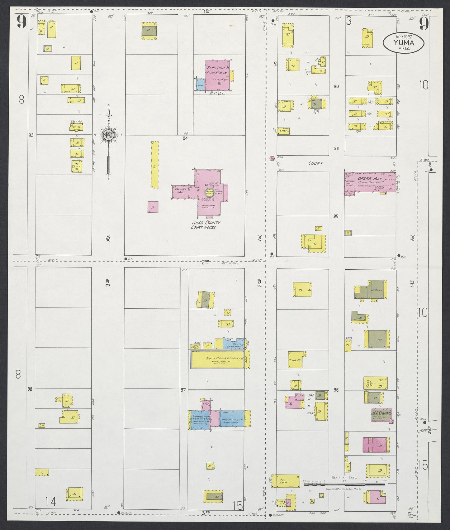 Sanborn Fire Insurance Map from Yuma, Yuma County, Arizona (1927), Sheet #0009 - Historic Sanborn Fire Insurance Map Print, vintage old map wall art, antique decor, genealogy gift, Arizona Arizona map
