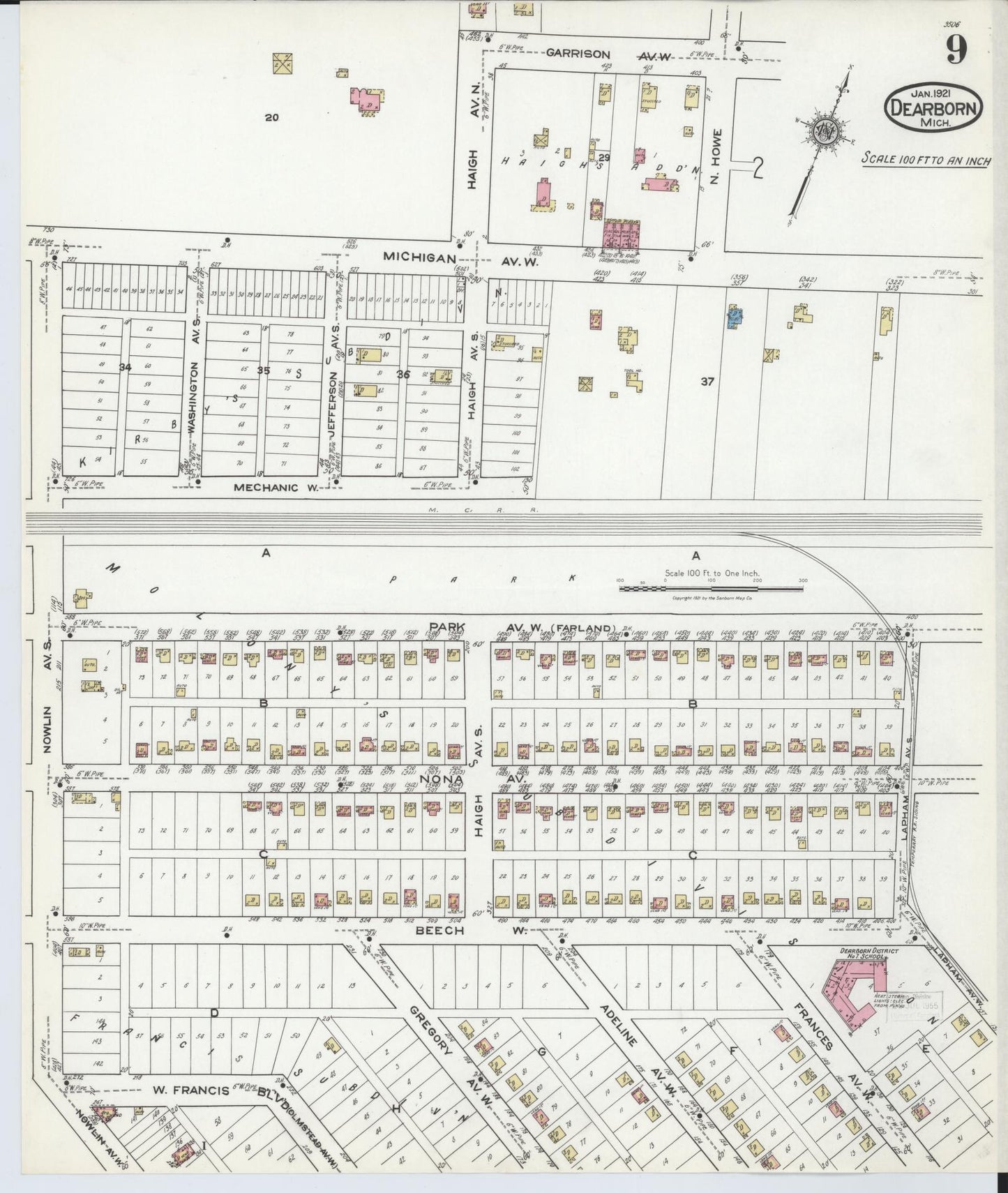 Sanborn Fire Insurance Map from Dearborn, Wayne County, Michigan (1921), Sheet #0009 - Complete Map Set gallery image, historic Sanborn map, vintage wall art, Michigan Michigan
