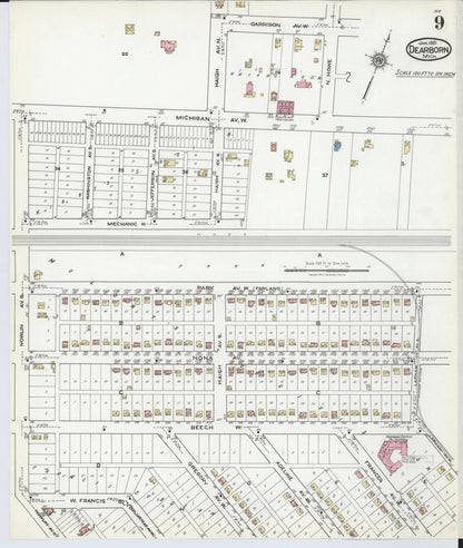 Sanborn Fire Insurance Map from Dearborn, Wayne County, Michigan (1921), Sheet #0009 - Complete Map Set gallery image, historic Sanborn map, vintage wall art, Michigan Michigan