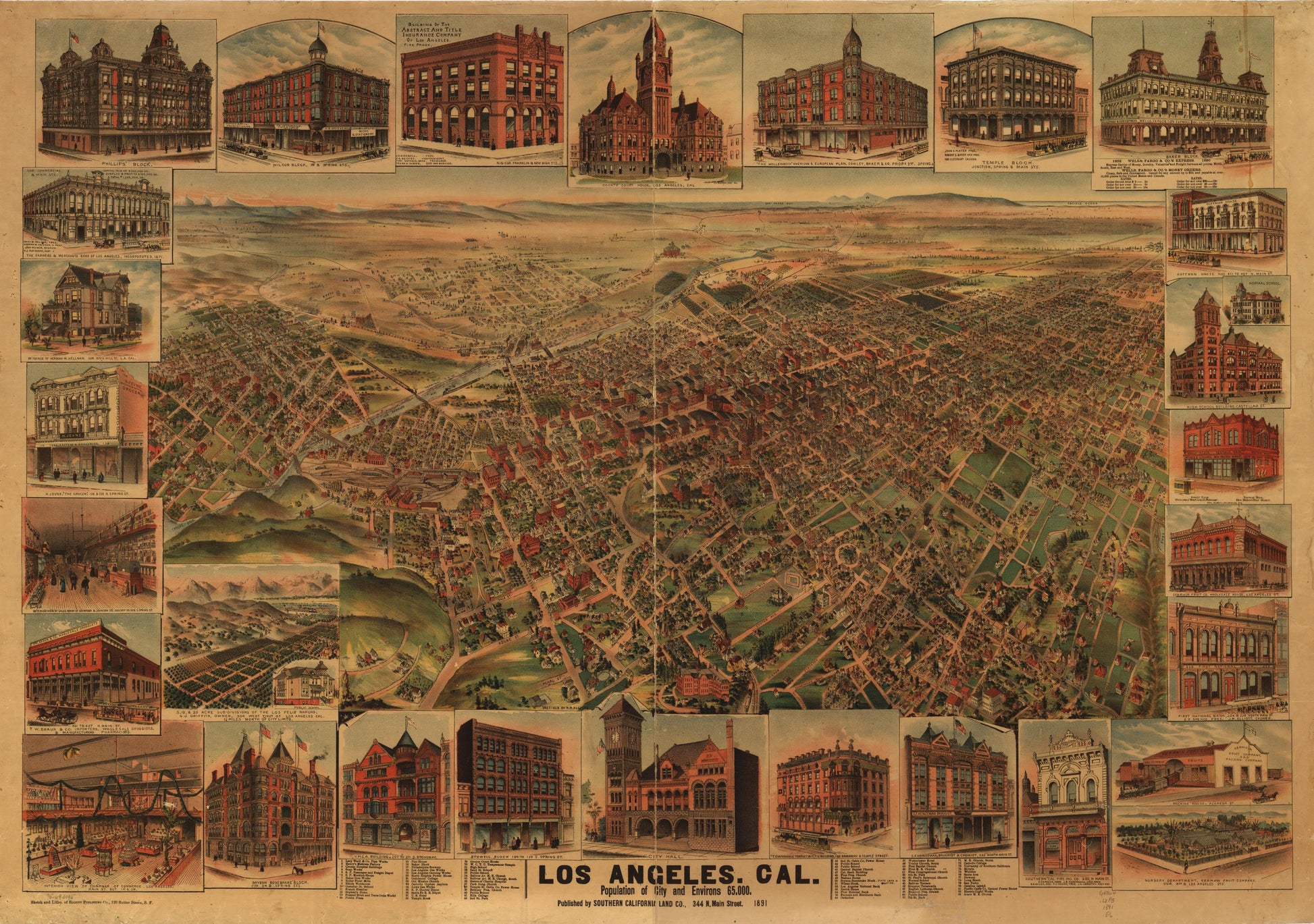 Los Angeles, Cal., population of city and environs 65,000. (1891) – Historic Bird’s-Eye View Panorama Print