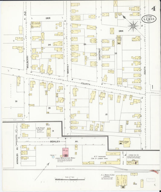 Sanborn Fire Insurance Map from Lewes, Sussex County, Delaware (1904), Sheet #0004 - Historic Sanborn Fire Insurance Map Print, vintage old map wall art, antique decor, genealogy gift, Delaware Delaware map