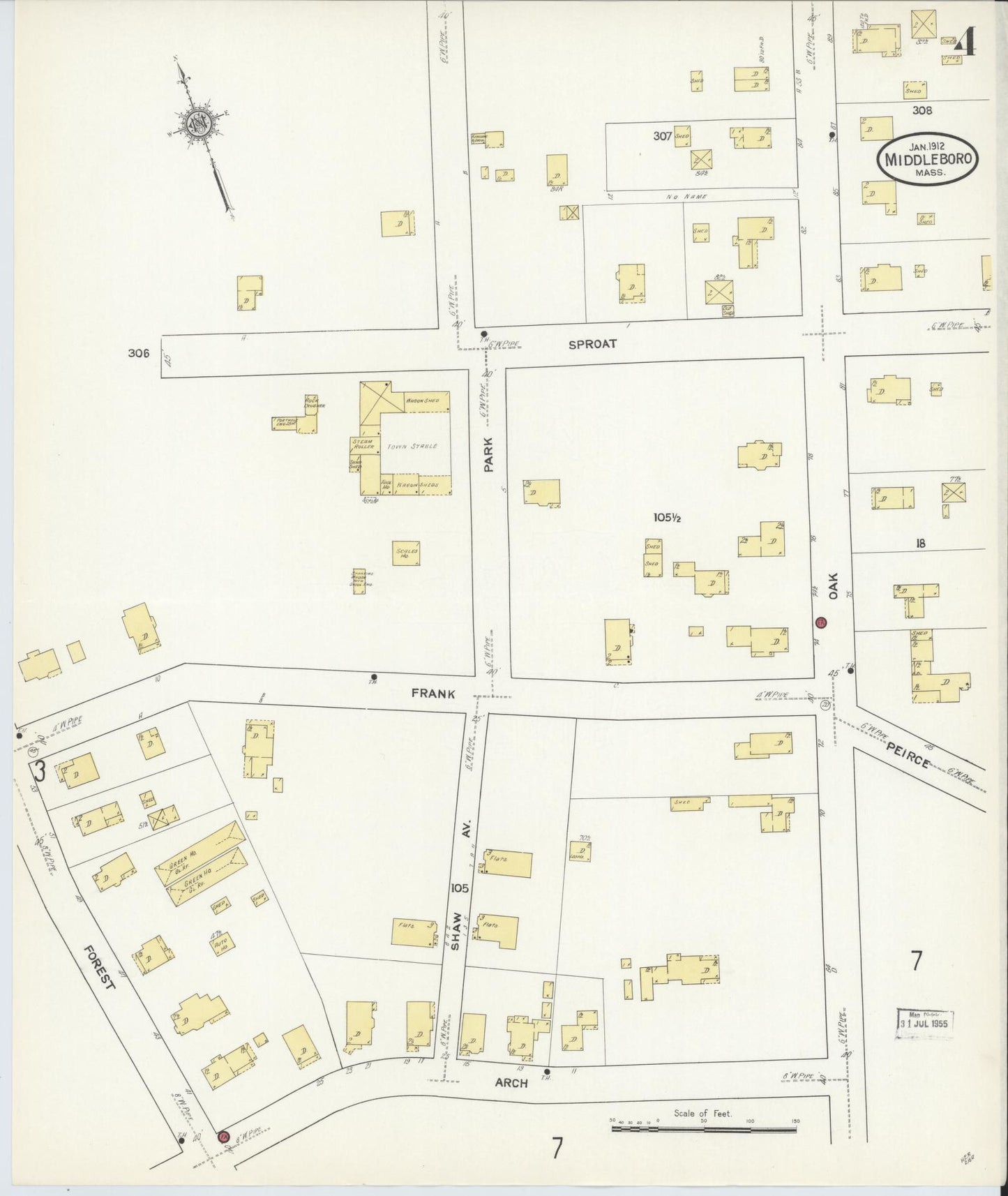 Sanborn Fire Insurance Map from Middleboro, Plymouth County, Massachusetts (1912), Sheet #0004 - Complete Map Set gallery image, historic Sanborn map, vintage wall art, Massachusetts Massachusetts