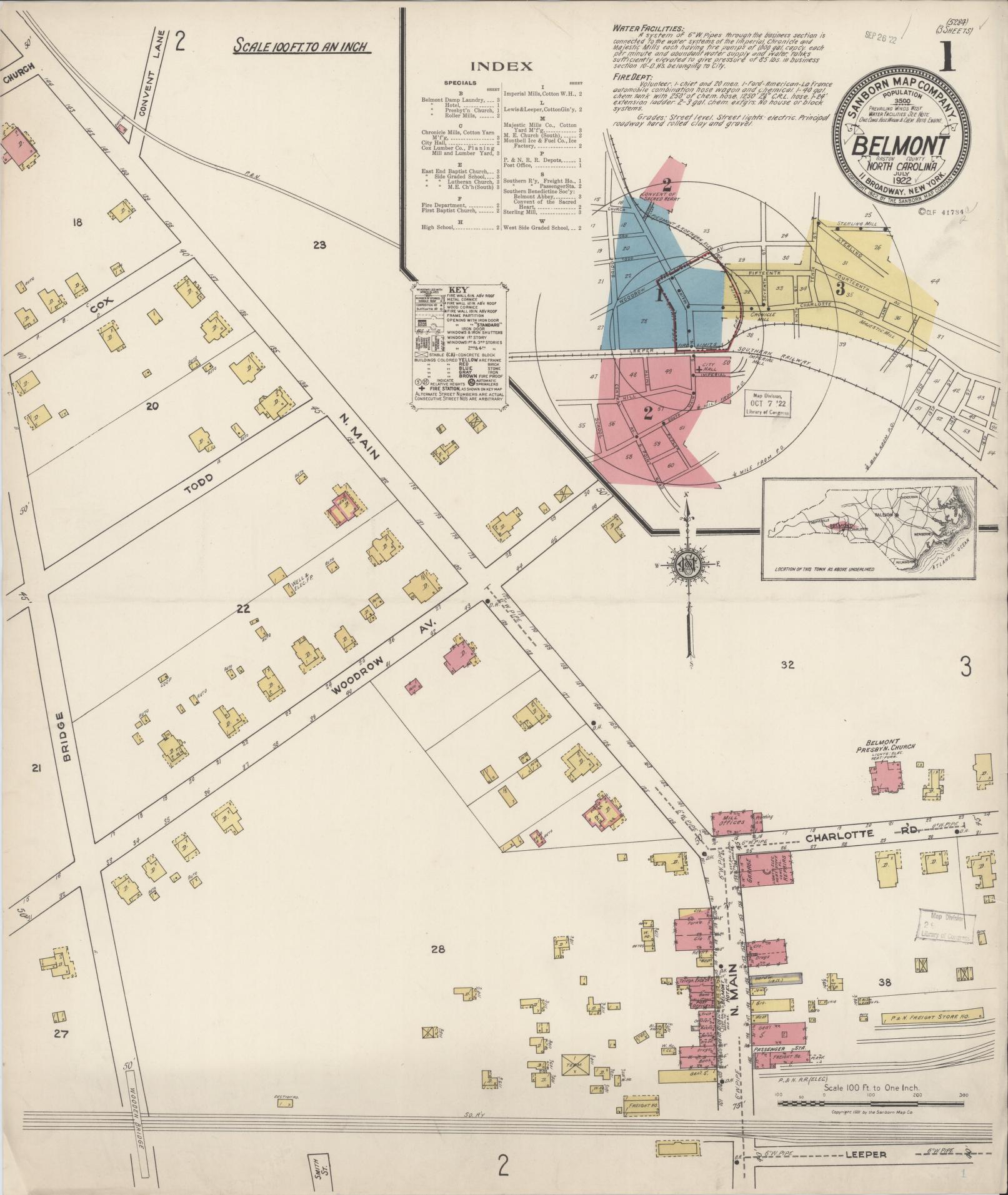 Sanborn Fire Insurance Map from Belmont, Gaston County, North Carolina (1922), Sheet #0001 - Complete Map Set gallery image, historic Sanborn map, vintage wall art, North Carolina North Carolina