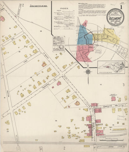 Sanborn Fire Insurance Map from Belmont, Gaston County, North Carolina (1922), Sheet #0001 - Complete Map Set gallery image, historic Sanborn map, vintage wall art, North Carolina North Carolina