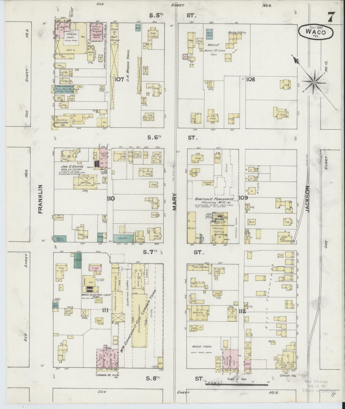 Sanborn Fire Insurance Map from Waco, McLennan County, Texas (1889), Sheet #0007 - Historic Sanborn Fire Insurance Map Print, vintage old map wall art, antique decor, genealogy gift, Texas Texas map