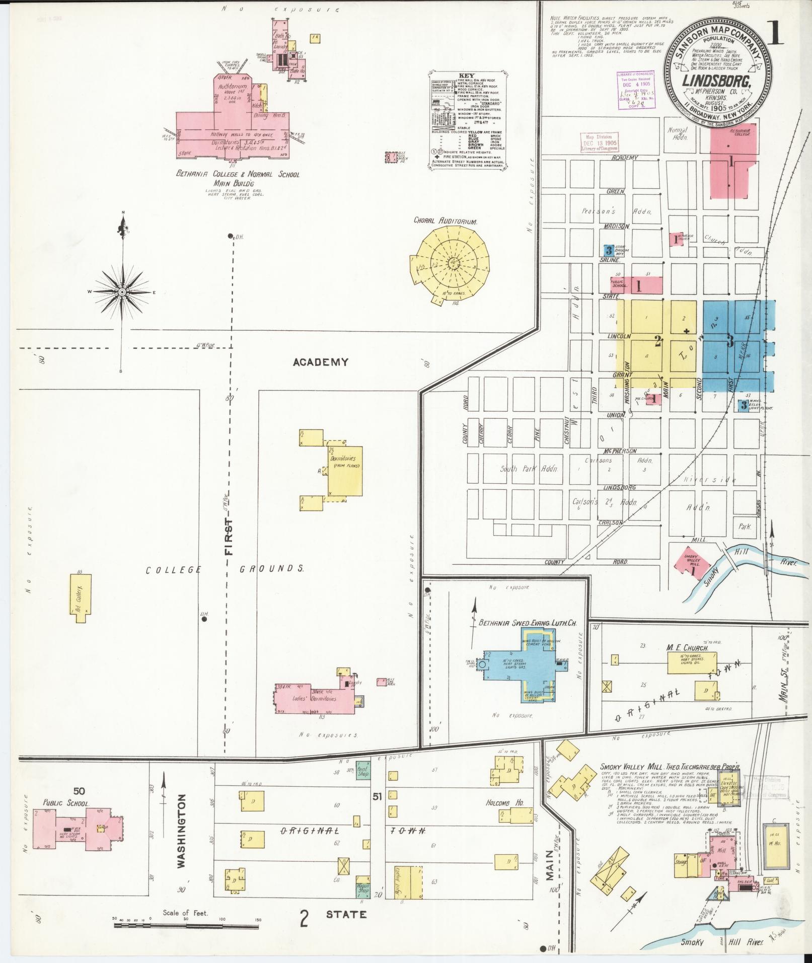 Sanborn Fire Insurance Map from Lindsborg, Mcpherson County, Kansas (1905), Sheet #0001 - Historic Sanborn Fire Insurance Map Print, vintage old map wall art, antique decor, genealogy gift, Kansas Kansas map