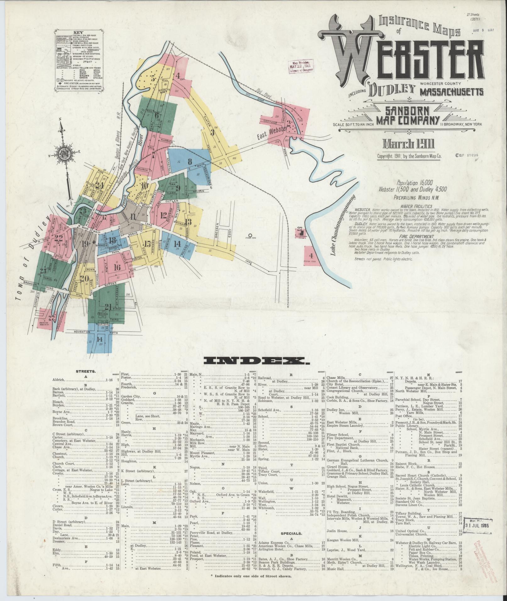 Sanborn Fire Insurance Map from Webster, Worcester County, Massachusetts (1911), Sheet #0001 - Historic Sanborn Fire Insurance Map Print, vintage old map wall art, antique decor, genealogy gift, Massachusetts Massachusetts map