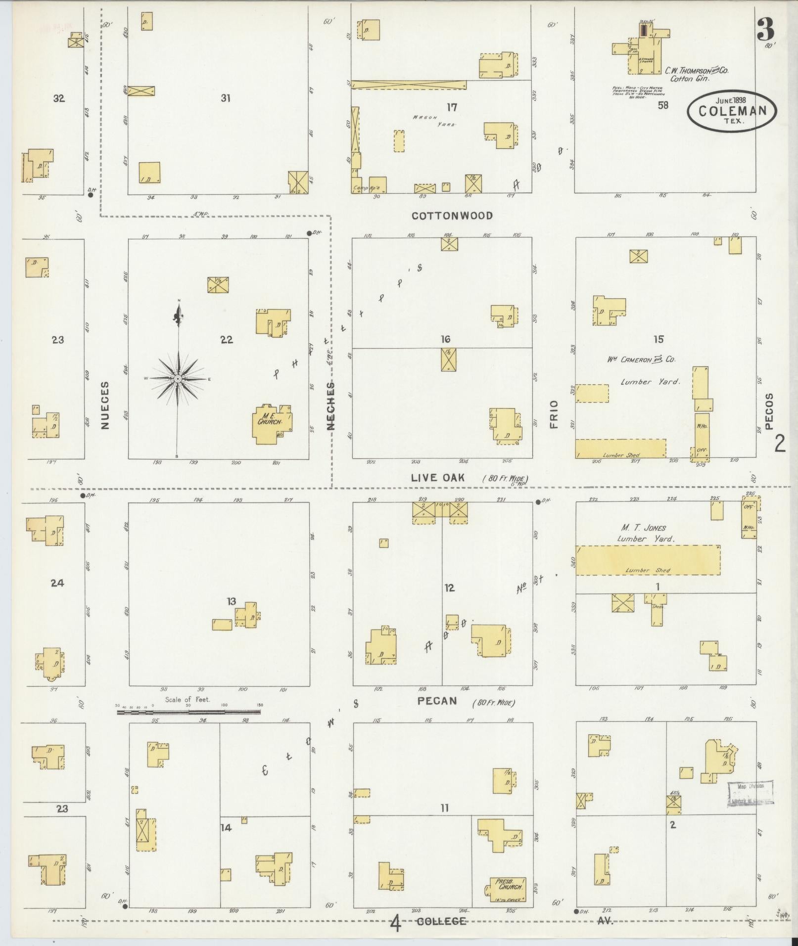 Sanborn Fire Insurance Map from Coleman, Coleman County, Texas (1898), Sheet #0003 - Historic Sanborn Fire Insurance Map Print, vintage old map wall art, antique decor, genealogy gift, Texas Texas map