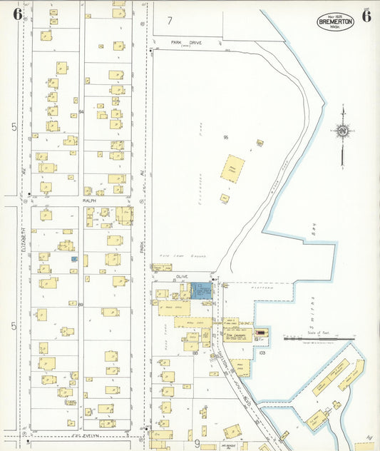 Sanborn Fire Insurance Map from Bremerton, Kitsap County, Washington (1925), Sheet #0006 - Historic Sanborn Fire Insurance Map Print, vintage old map wall art, antique decor, genealogy gift, Washington Washington map