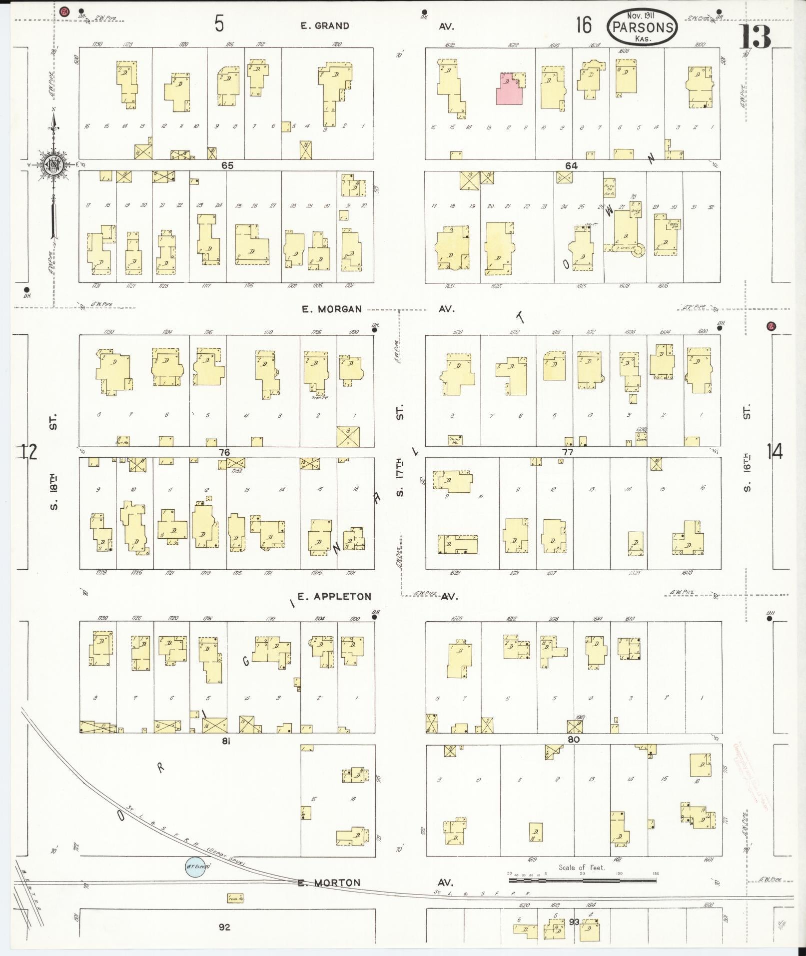 Sanborn Fire Insurance Map from Parsons, Labette County, Kansas (1911), Sheet #0013 - Complete Map Set gallery image, historic Sanborn map, vintage wall art, Kansas Kansas