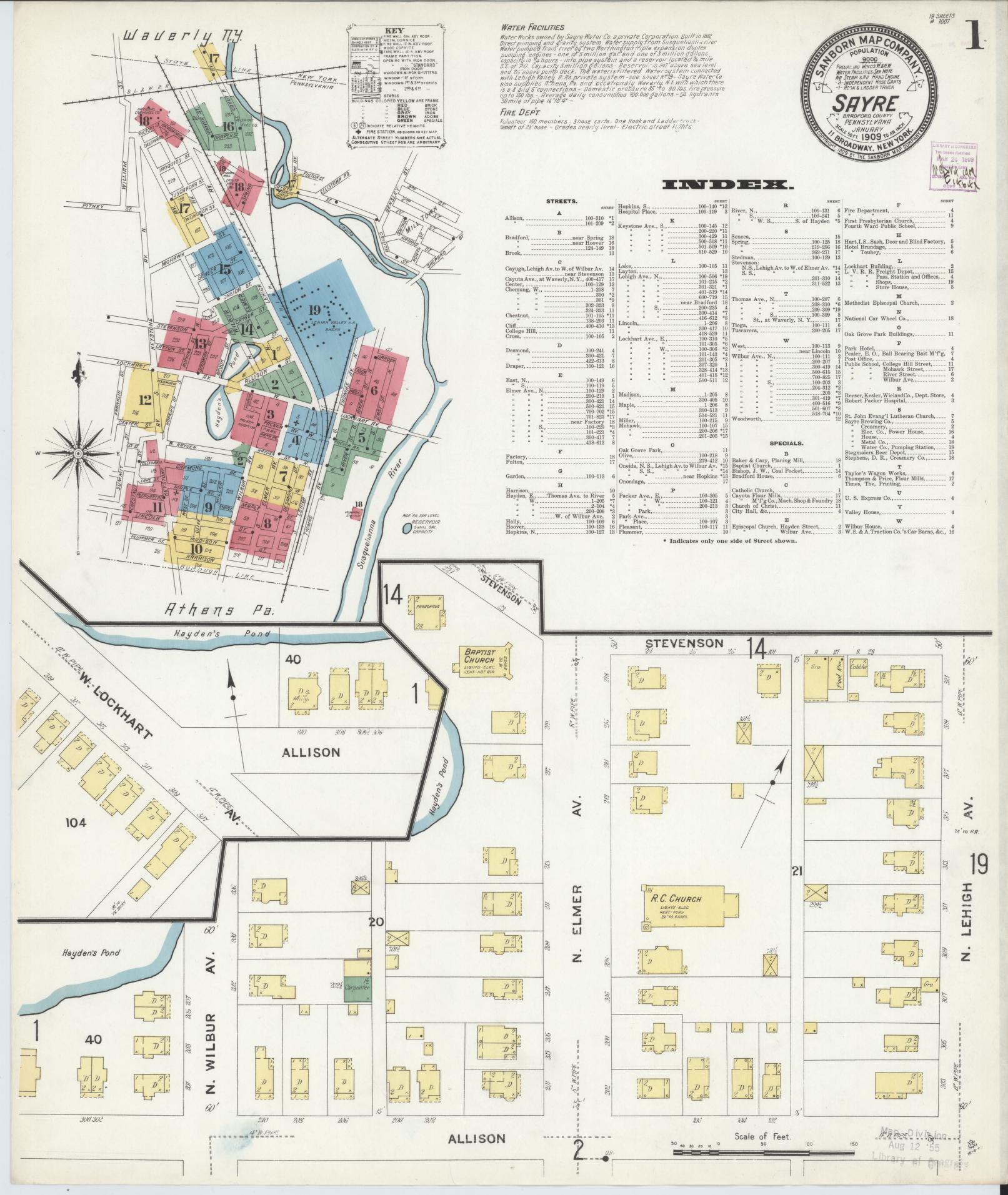 Sanborn Fire Insurance Map from Sayre, Bradford County, Pennsylvania (1909), Sheet #0001 - Complete Map Set gallery image, historic Sanborn map, vintage wall art, Pennsylvania Pennsylvania