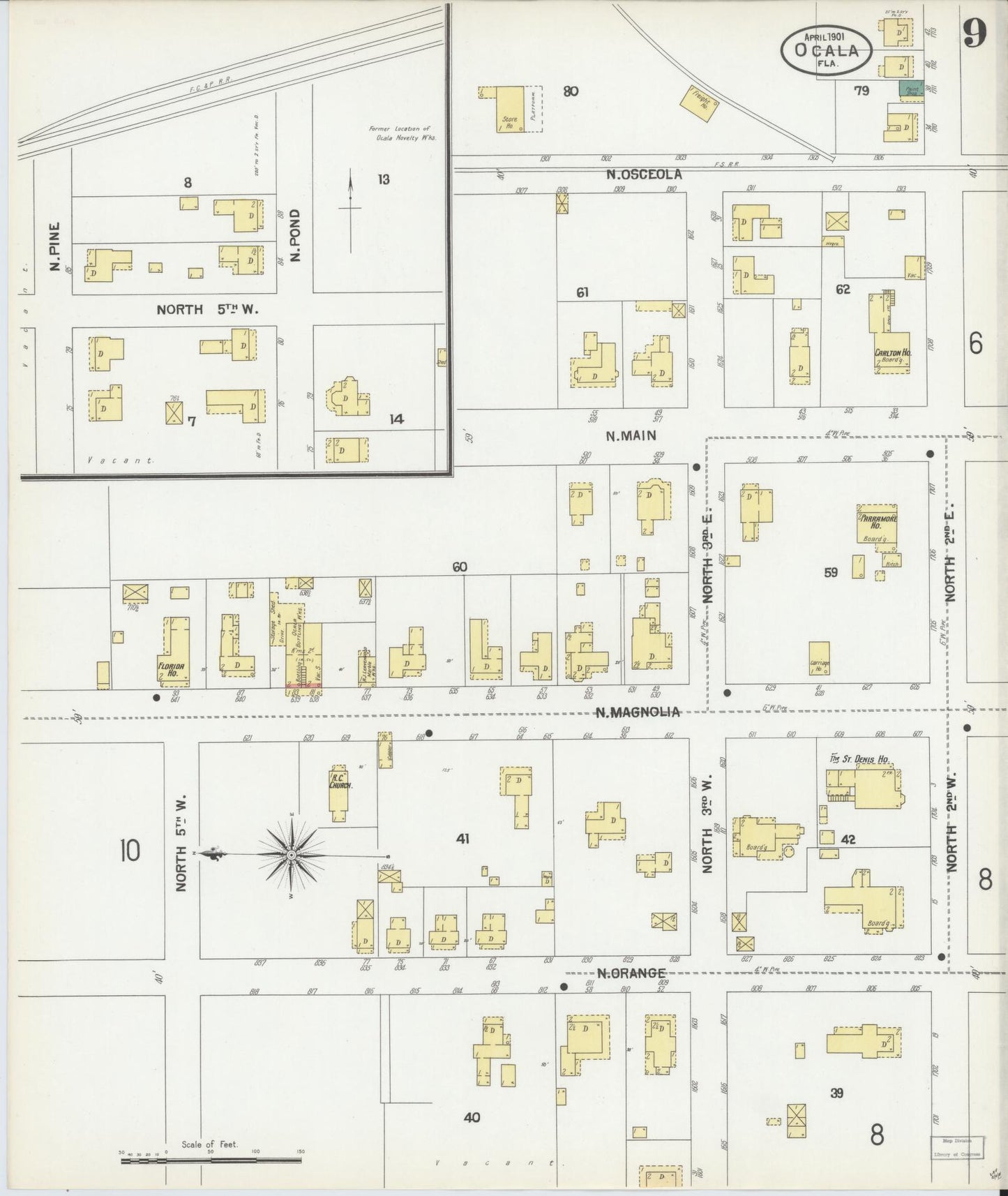 Sanborn Fire Insurance Map from Ocala, Marion County, Florida (1901), Sheet #0009 - Complete Map Set gallery image, historic Sanborn map, vintage wall art, Florida Florida
