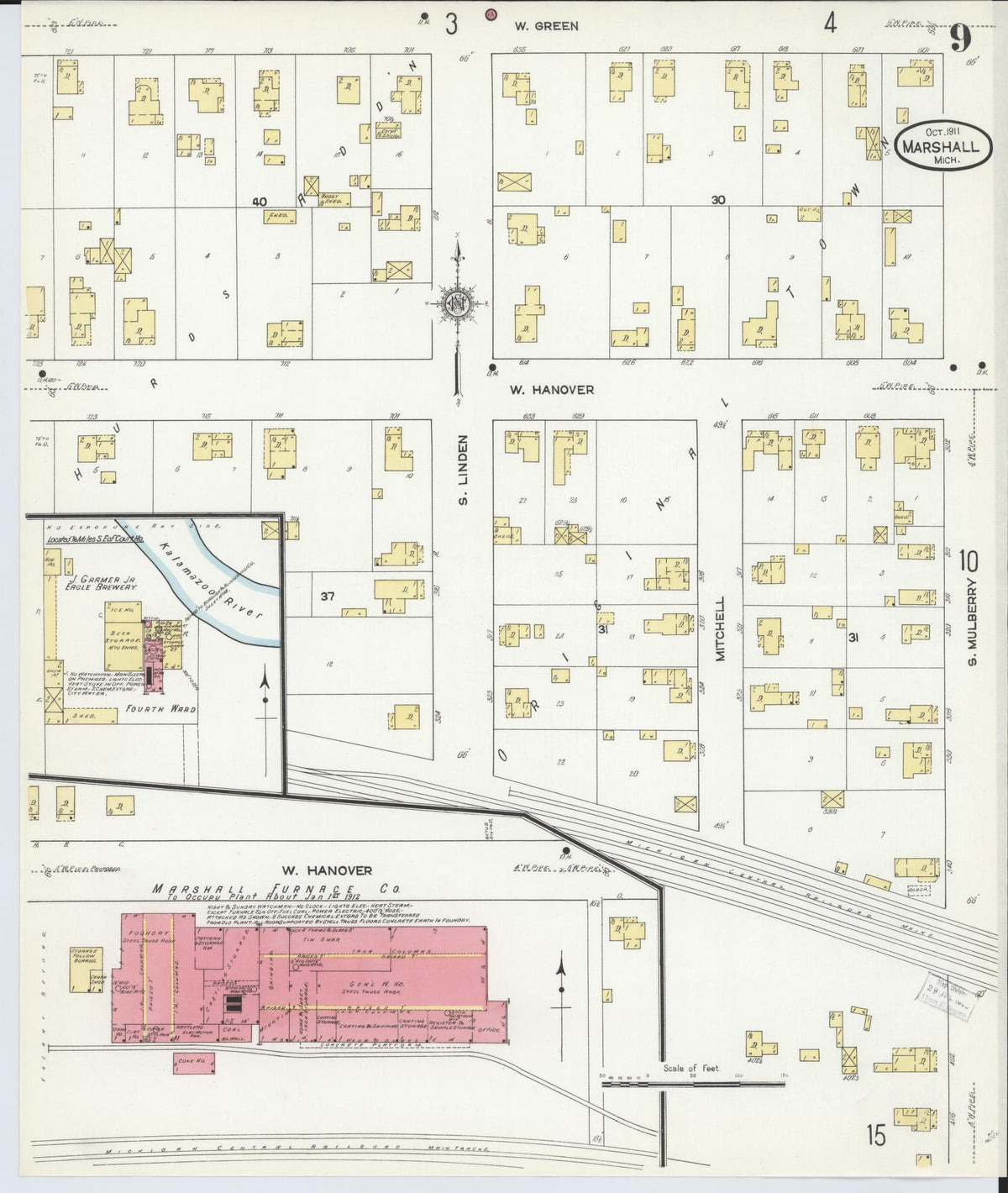 Sanborn Fire Insurance Map from Marshall, Calhoun County, Michigan (1911), Sheet #0009 - Historic Sanborn Fire Insurance Map Print, vintage old map wall art, antique decor, genealogy gift, Michigan Michigan map
