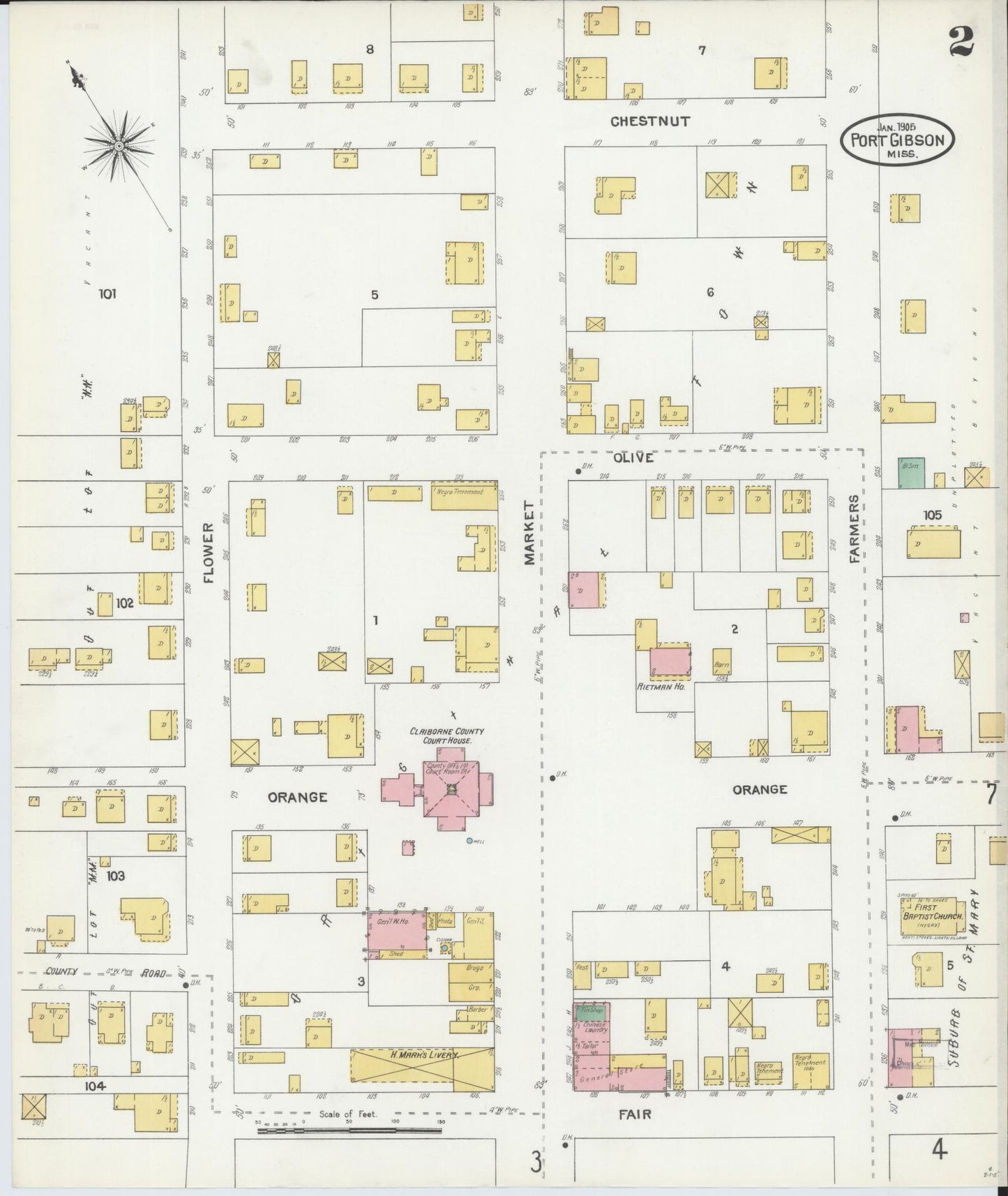 Sanborn Fire Insurance Map from Port Gibson, Claiborne County, Mississippi (1905), Sheet #0002 - Complete Map Set gallery image, historic Sanborn map, vintage wall art, Mississippi Mississippi