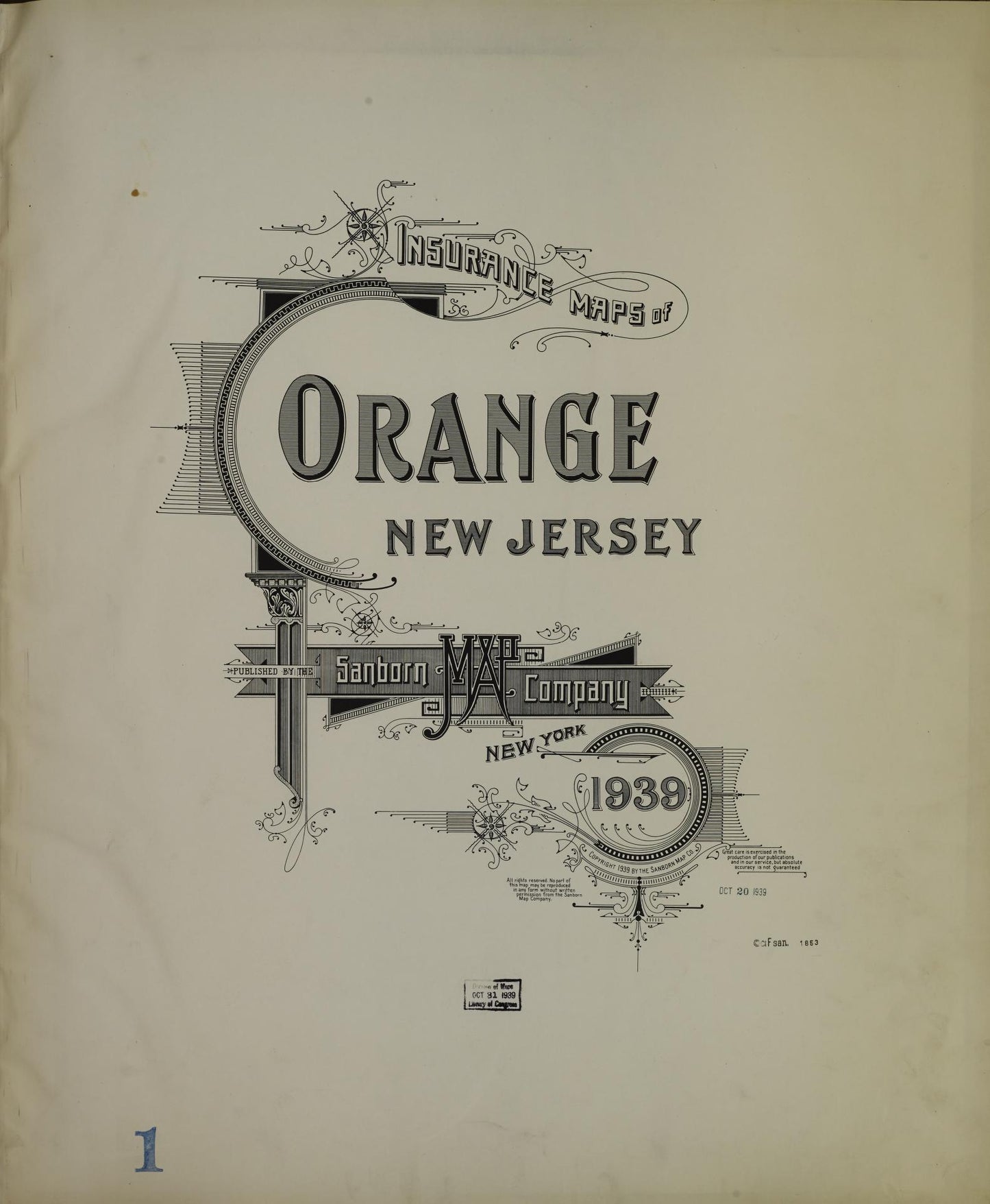 Sanborn Fire Insurance Map from Orange, Essex County, New Jersey (1939), Sheet #0001 - Historic Sanborn Fire Insurance Map Print, vintage old map wall art, antique decor, genealogy gift, New Jersey New Jersey map
