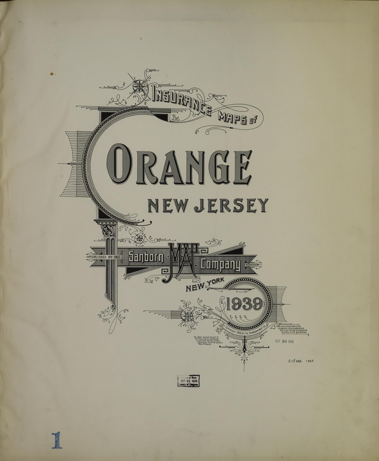 Sanborn Fire Insurance Map from Orange, Essex County, New Jersey (1939), Sheet #0001 - Historic Sanborn Fire Insurance Map Print, vintage old map wall art, antique decor, genealogy gift, New Jersey New Jersey map