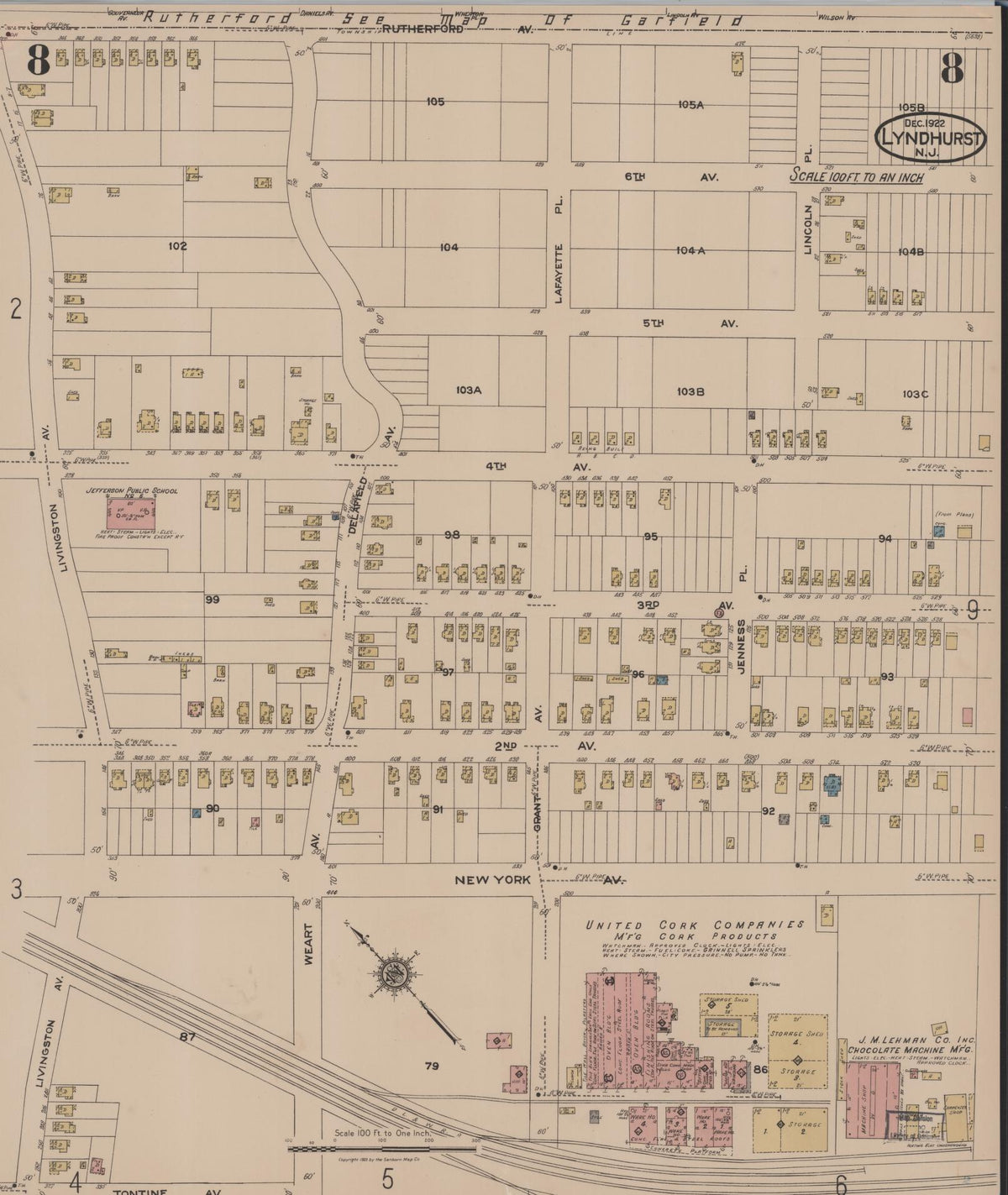 Sanborn Fire Insurance Map from Lyndhurst, Bergen County, New Jersey (1922), Sheet #0008 - Complete Map Set gallery image, historic Sanborn map, vintage wall art, New Jersey New Jersey