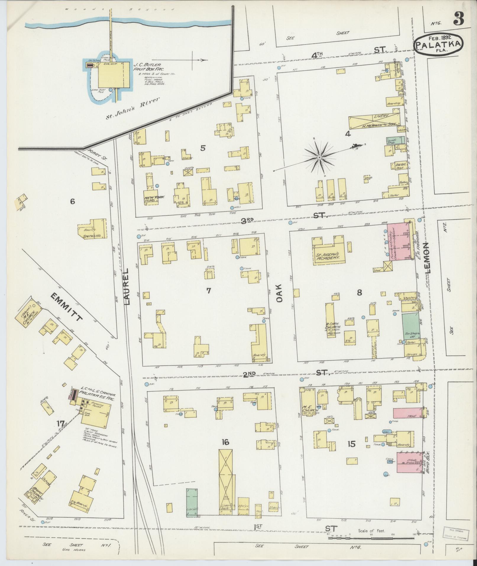 Sanborn Fire Insurance Map from Palatka, Putnam County, Florida (1892), Sheet #0003 - Complete Map Set gallery image, historic Sanborn map, vintage wall art, Florida Florida