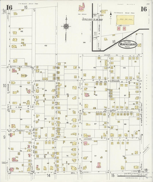 Sanborn Fire Insurance Map from Murfreesboro, Rutherford County, Tennessee (1924), Sheet #0016 - Historic Sanborn Fire Insurance Map Print, vintage old map wall art, antique decor, genealogy gift, Tennessee Tennessee map