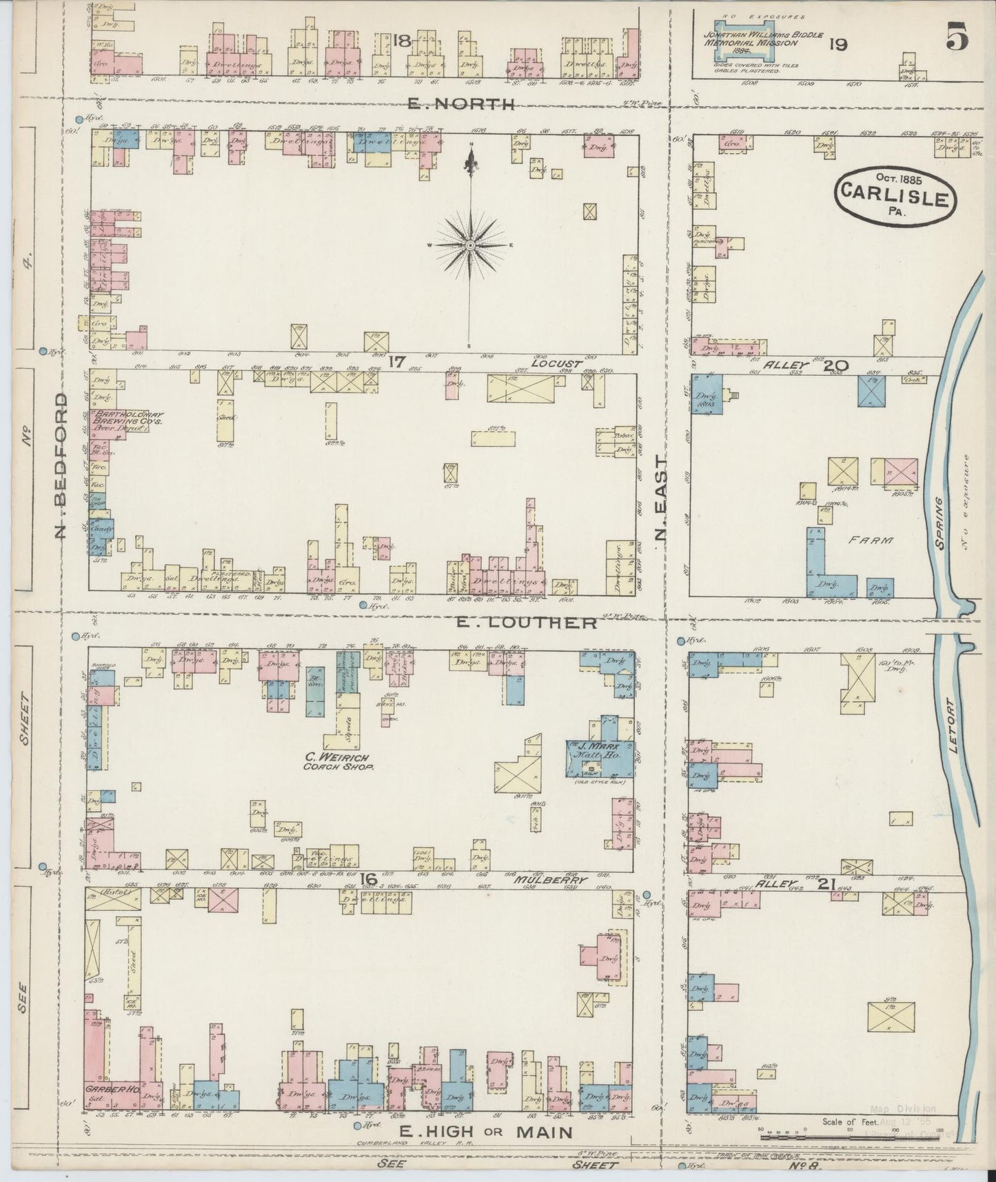 Sanborn Fire Insurance Map from Carlisle, Cumberland County, Pennsylvania (1885), Sheet #0005 - Historic Sanborn Fire Insurance Map Print, vintage old map wall art, antique decor, genealogy gift, Pennsylvania Pennsylvania map