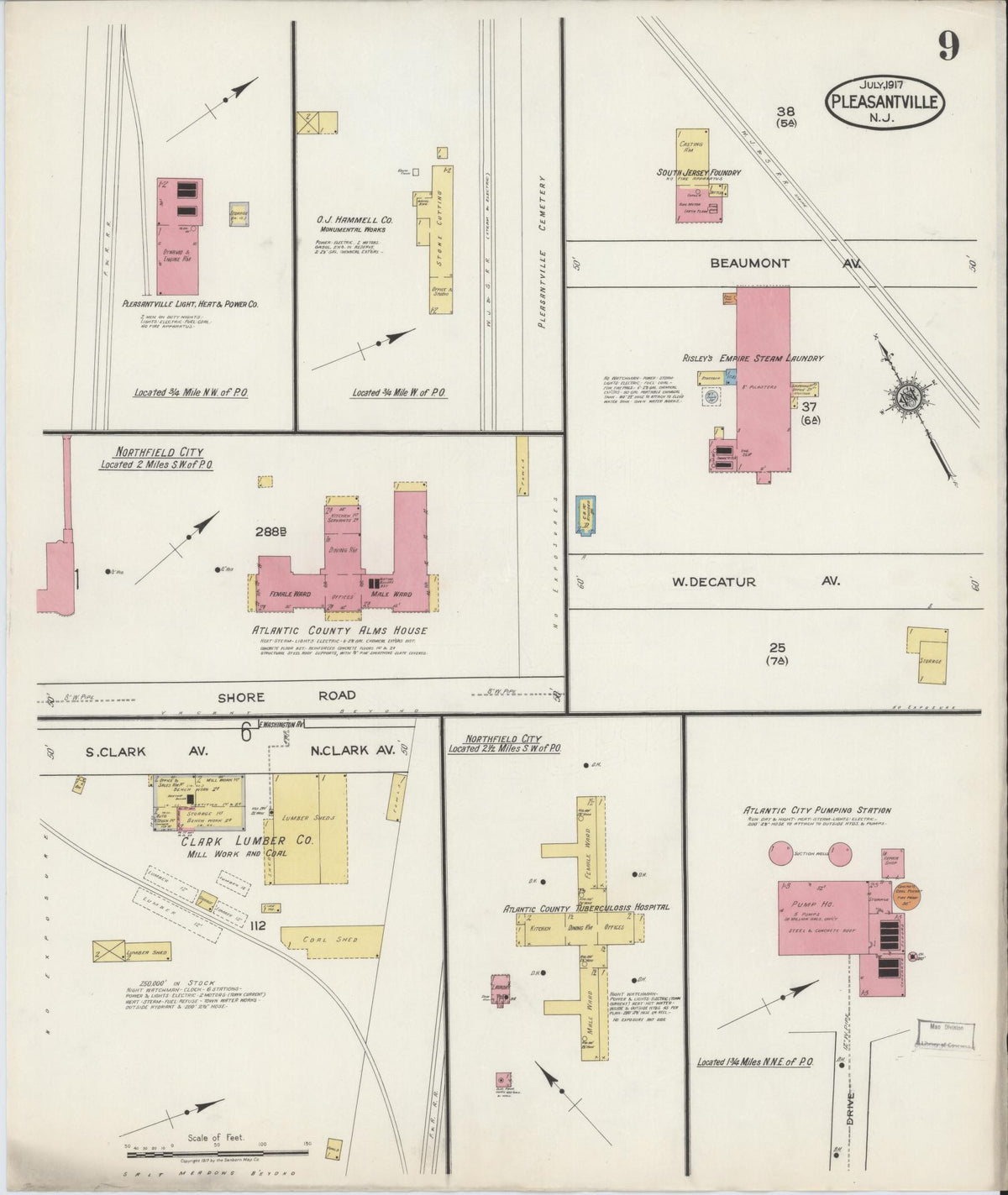 Sanborn Fire Insurance Map from Pleasantville, Atlantic County, New Jersey (1917), Sheet #0009 - Historic Sanborn Fire Insurance Map Print, vintage old map wall art, antique decor, genealogy gift, New Jersey New Jersey map