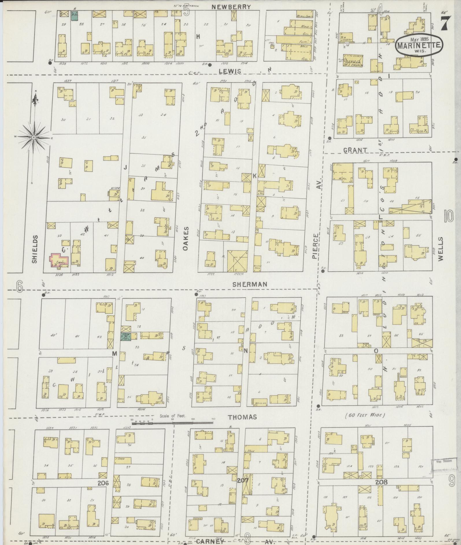 Sanborn Fire Insurance Map from Marinette, Marinette County, Wisconsin (1895), Sheet #0007 - Historic Sanborn Fire Insurance Map Print, vintage old map wall art, antique decor, genealogy gift, Wisconsin Wisconsin map