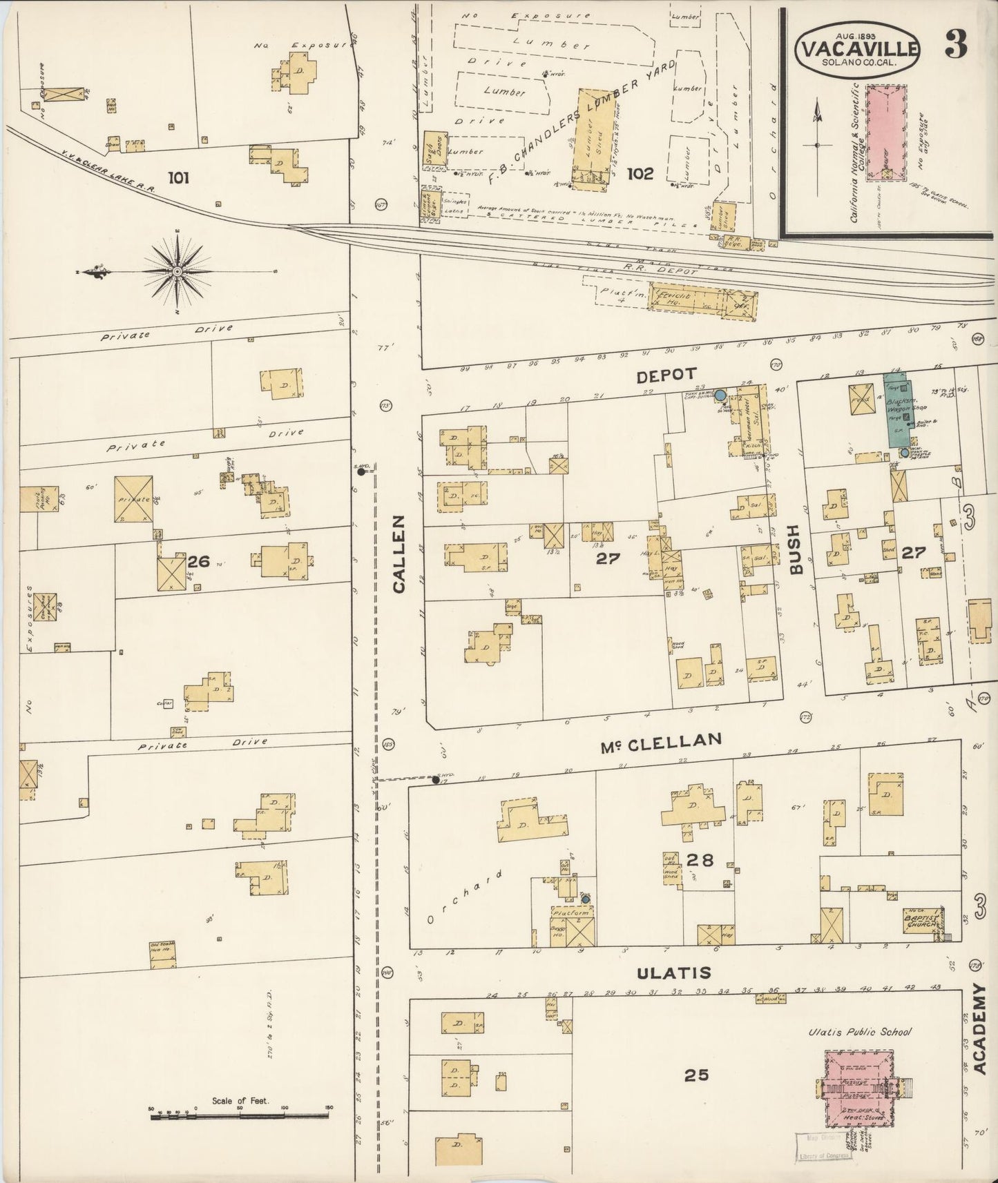 Sanborn Fire Insurance Map from Vacaville, Solano County, California (1893), Sheet #0003 - Complete Map Set gallery image, historic Sanborn map, vintage wall art, California California