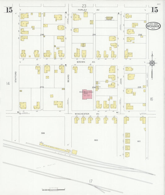 Sanborn Fire Insurance Map from Monroe, Union County, North Carolina (1930), Sheet #0015 - Historic Sanborn Fire Insurance Map Print, vintage old map wall art, antique decor, genealogy gift, North Carolina North Carolina map
