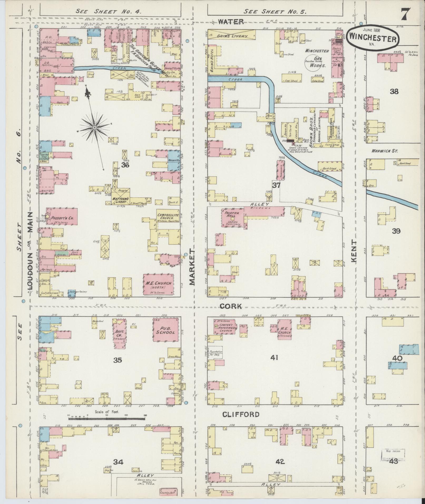 Sanborn Fire Insurance Map from Winchester, Independent Cities, Virginia (1891), Sheet #0007 - Complete Map Set gallery image, historic Sanborn map, vintage wall art, Virginia Virginia