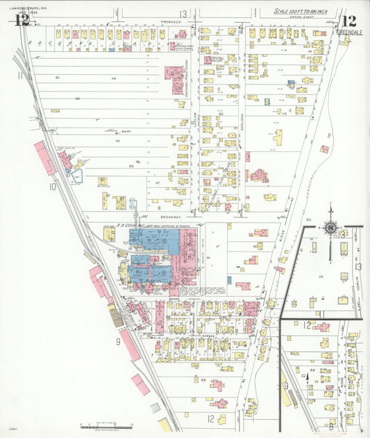 Sanborn Fire Insurance Map from Lawrenceburg, Dearborn County, Indiana (1939), Sheet #0012 - Historic Sanborn Fire Insurance Map Print, vintage old map wall art, antique decor, genealogy gift, Indiana Indiana map