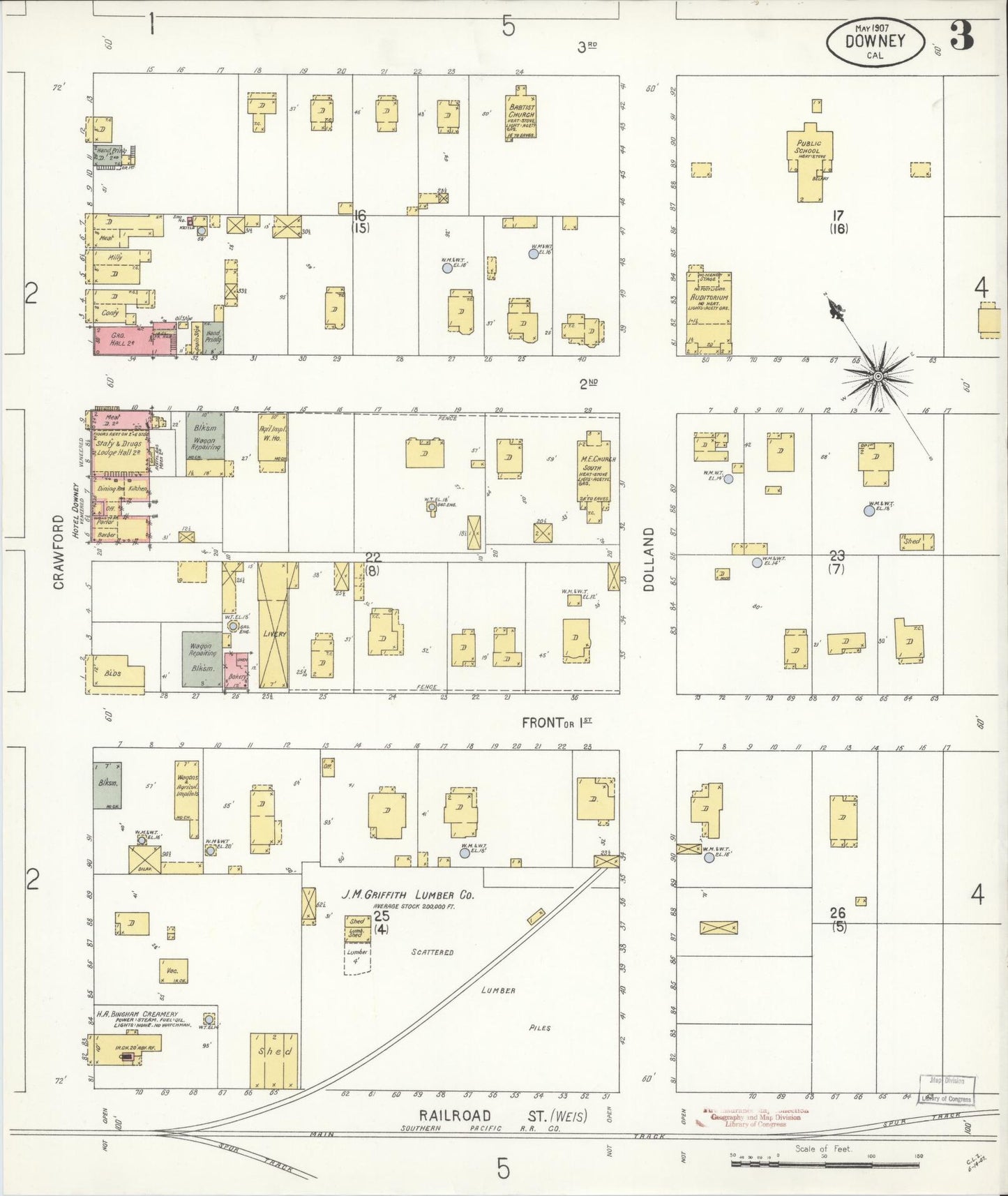 Sanborn Fire Insurance Map from Downey, Los Angeles County, California (1907), Sheet #0003 - Historic Sanborn Fire Insurance Map Print, vintage old map wall art, antique decor, genealogy gift, California California map