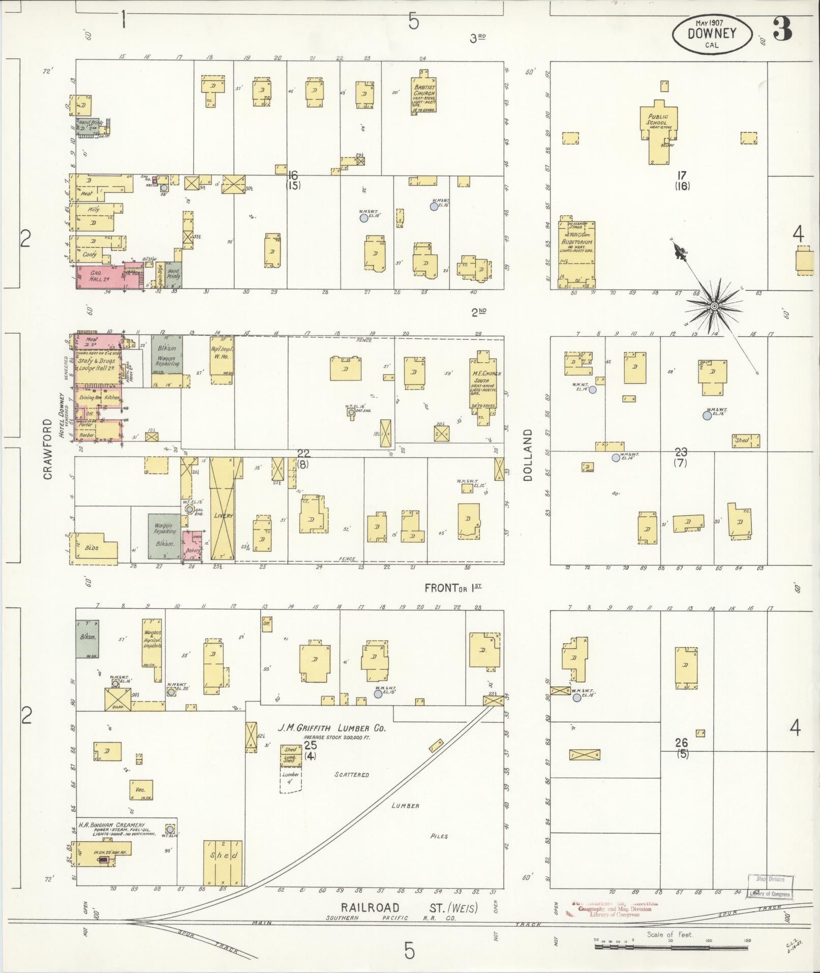 Sanborn Fire Insurance Map from Downey, Los Angeles County, California (1907), Sheet #0003 - Historic Sanborn Fire Insurance Map Print, vintage old map wall art, antique decor, genealogy gift, California California map