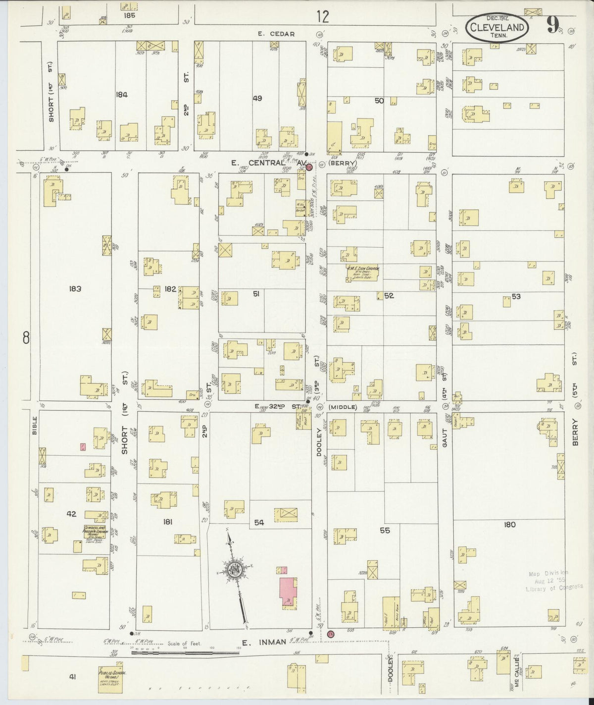 Sanborn Fire Insurance Map from Cleveland, Bradley County, Tennessee (1912), Sheet #0009 - Complete Map Set gallery image, historic Sanborn map, vintage wall art, Tennessee Tennessee