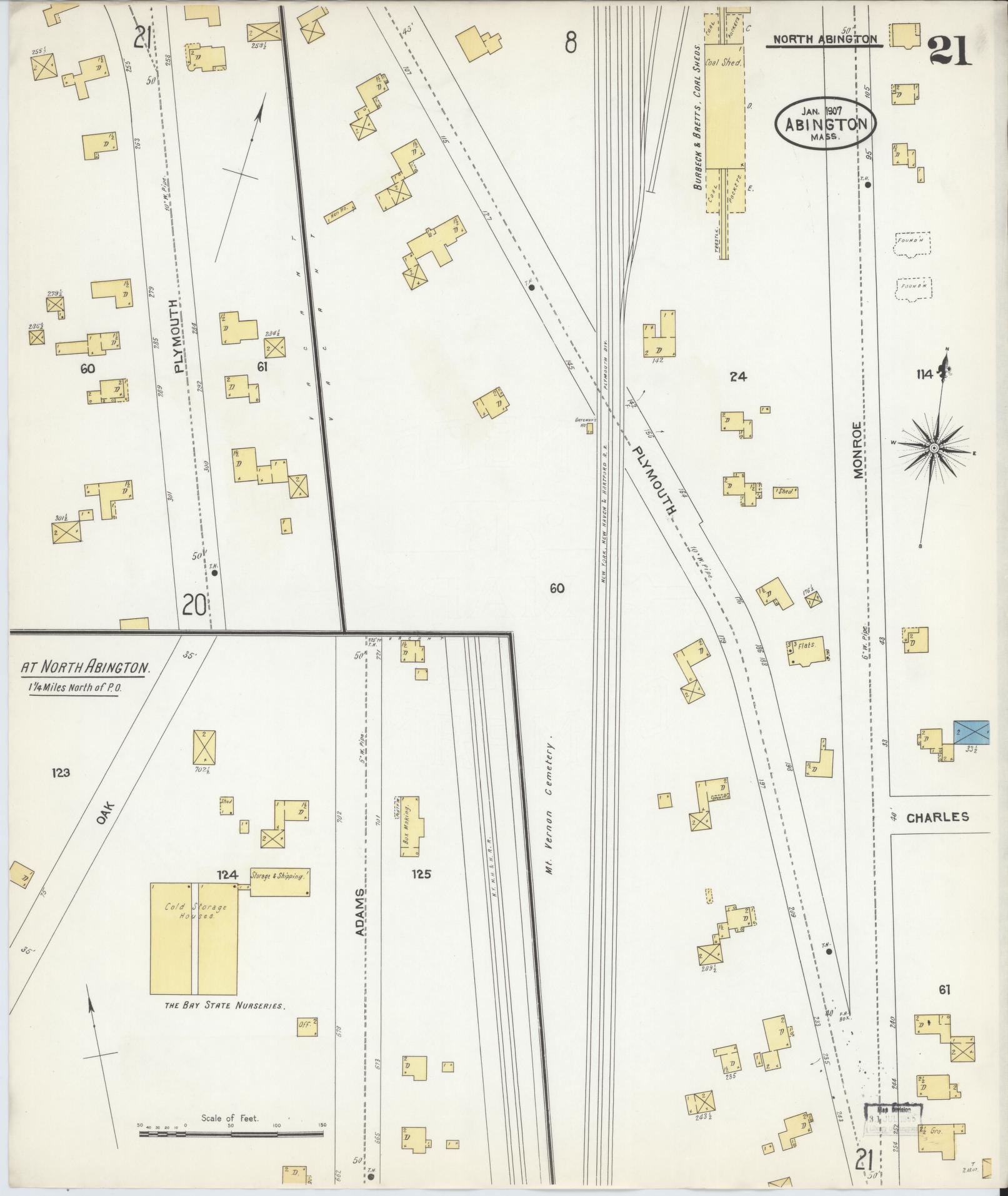 Sanborn Fire Insurance Map from Abington, Plymouth County, Massachusetts (1907), Sheet #0021 - Complete Map Set gallery image, historic Sanborn map, vintage wall art, Massachusetts Massachusetts