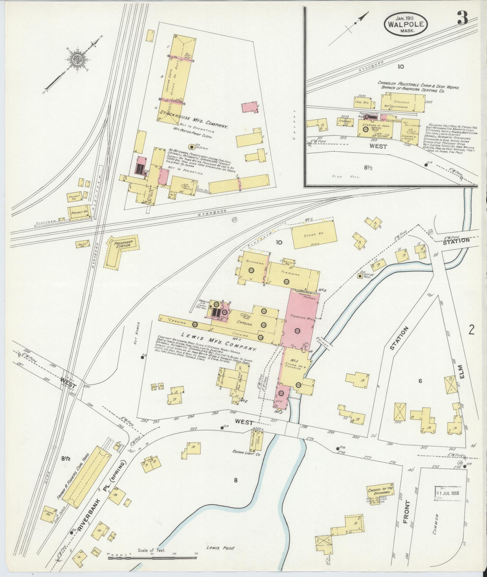 Sanborn Fire Insurance Map from Walpole, Norfolk County, Massachusetts (1911), Sheet #0003 - Historic Sanborn Fire Insurance Map Print, vintage old map wall art, antique decor, genealogy gift, Massachusetts Massachusetts map