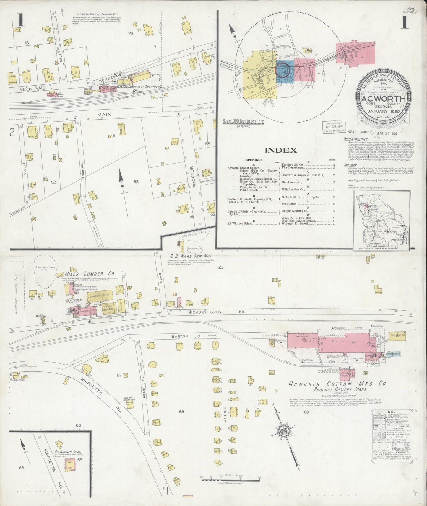 Sanborn Fire Insurance Map from Acworth, Cobb County, Georgia (1930), Sheet #0001 - Complete Map Set gallery image, historic Sanborn map, vintage wall art, Georgia Georgia