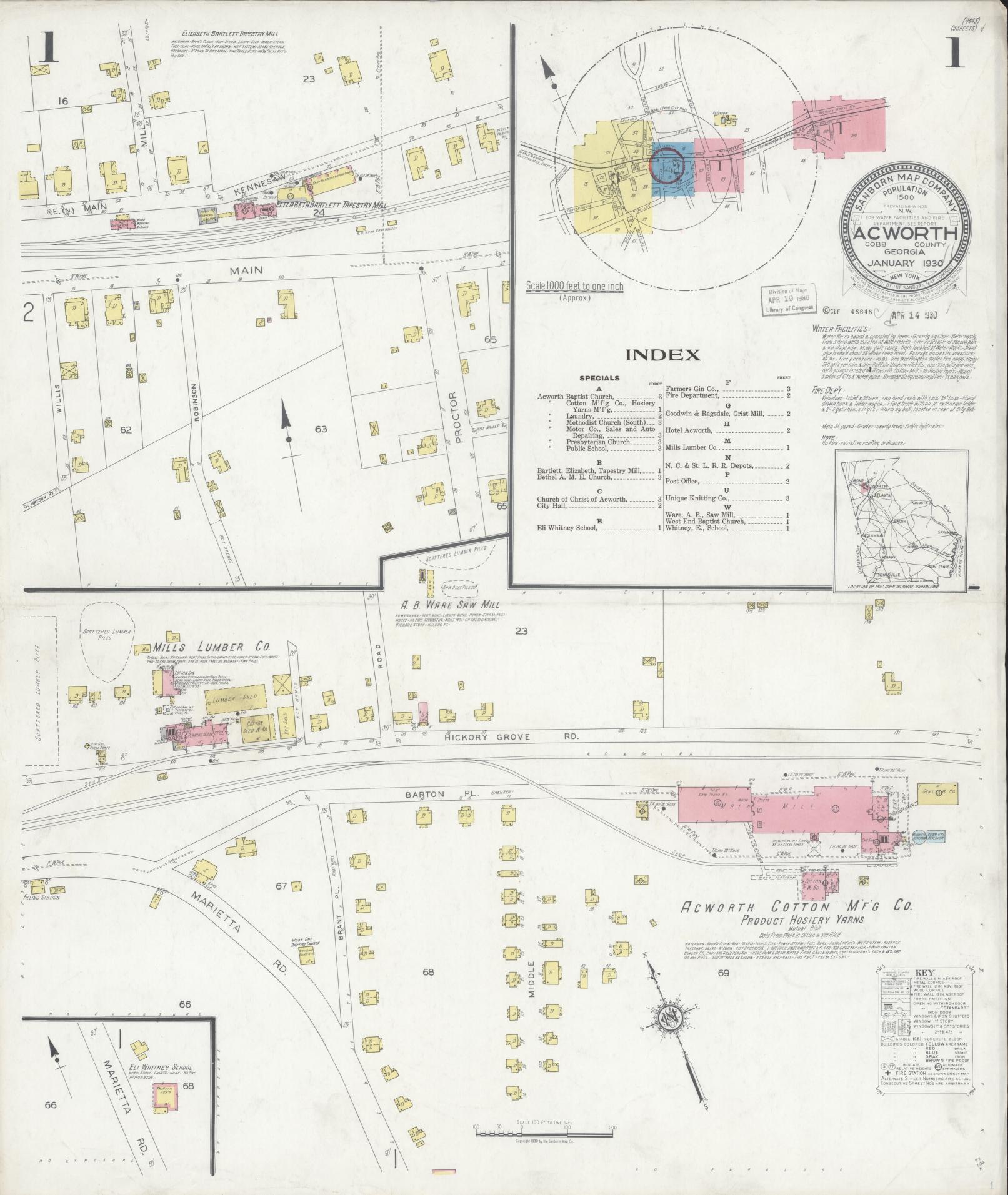 Sanborn Fire Insurance Map from Acworth, Cobb County, Georgia (1930), Sheet #0001 - Complete Map Set gallery image, historic Sanborn map, vintage wall art, Georgia Georgia