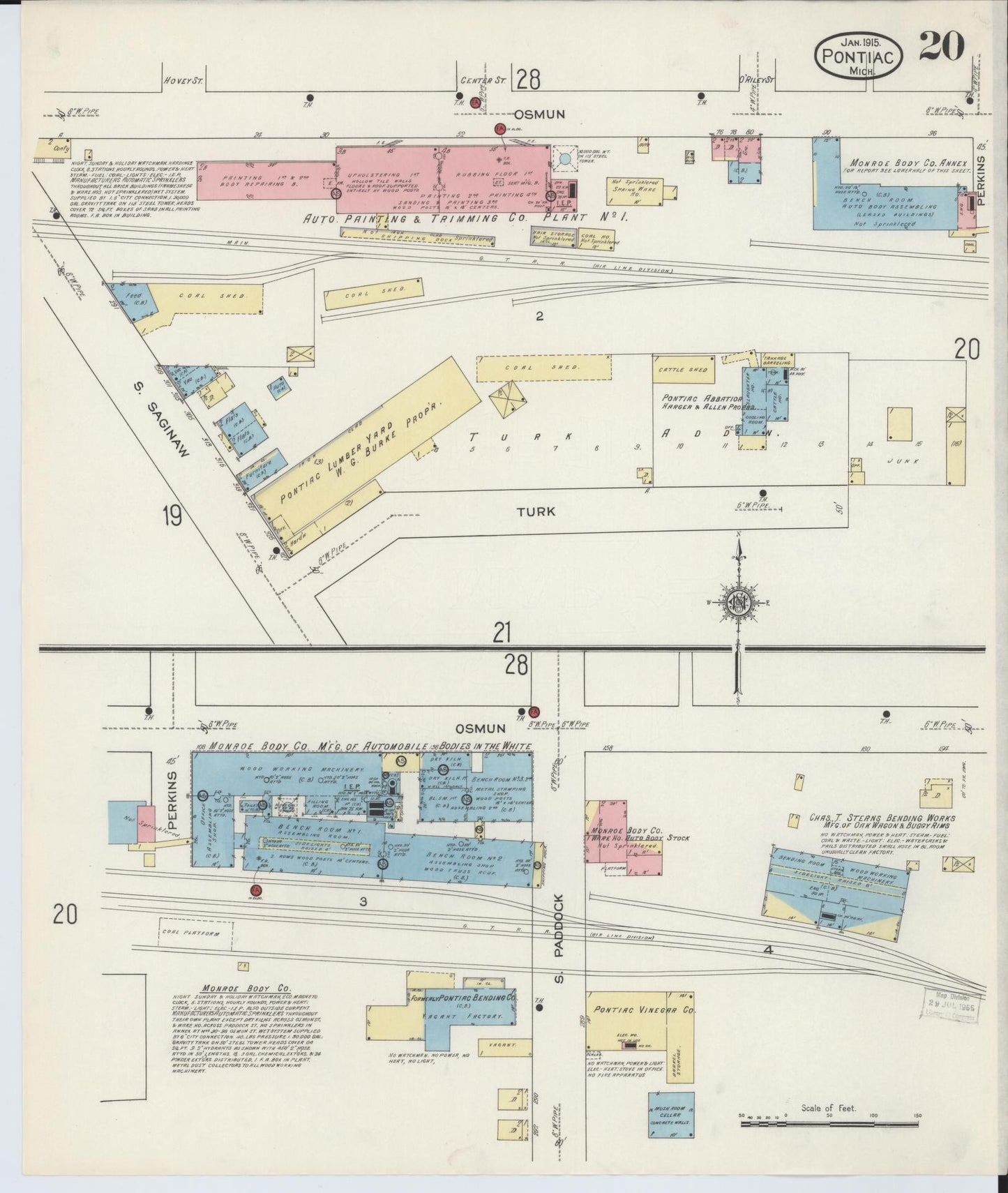 Sanborn Fire Insurance Map from Pontiac, Oakland County, Michigan (1915), Sheet #0020 - Historic Sanborn Fire Insurance Map Print, vintage old map wall art, antique decor, genealogy gift, Michigan Michigan map
