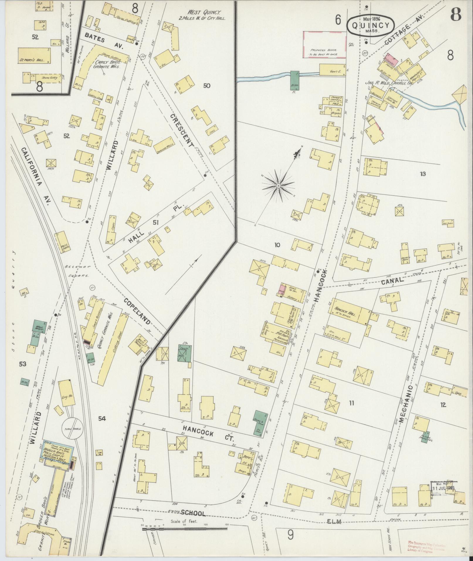 Sanborn Fire Insurance Map from Quincy, Norfolk County, Massachusetts (1896), Sheet #0008 - Historic Sanborn Fire Insurance Map Print, vintage old map wall art, antique decor, genealogy gift, Massachusetts Massachusetts map