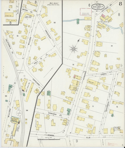 Sanborn Fire Insurance Map from Quincy, Norfolk County, Massachusetts (1896), Sheet #0008 - Historic Sanborn Fire Insurance Map Print, vintage old map wall art, antique decor, genealogy gift, Massachusetts Massachusetts map